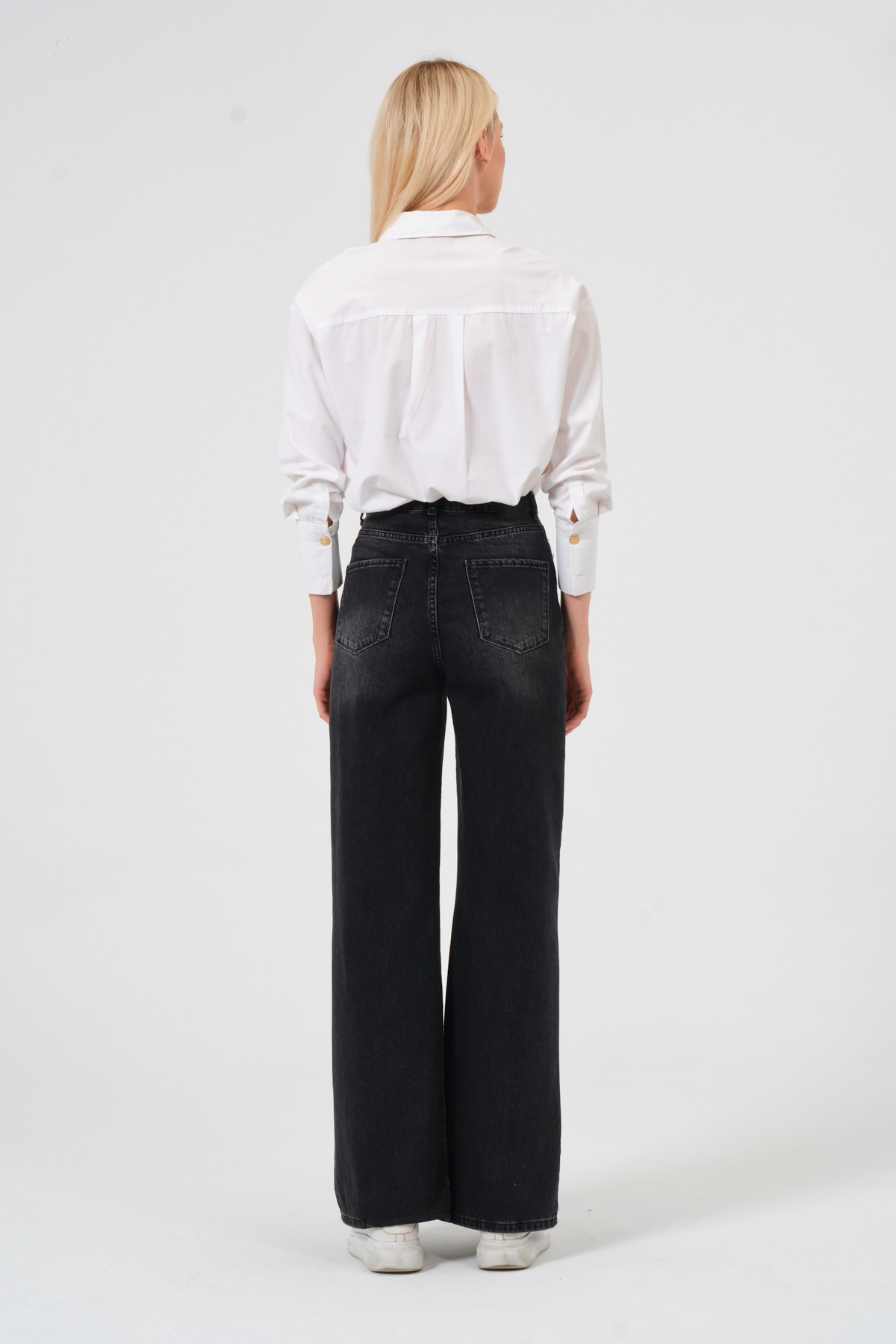 Style asia wide leg yüksek bel kot pantolon siyah