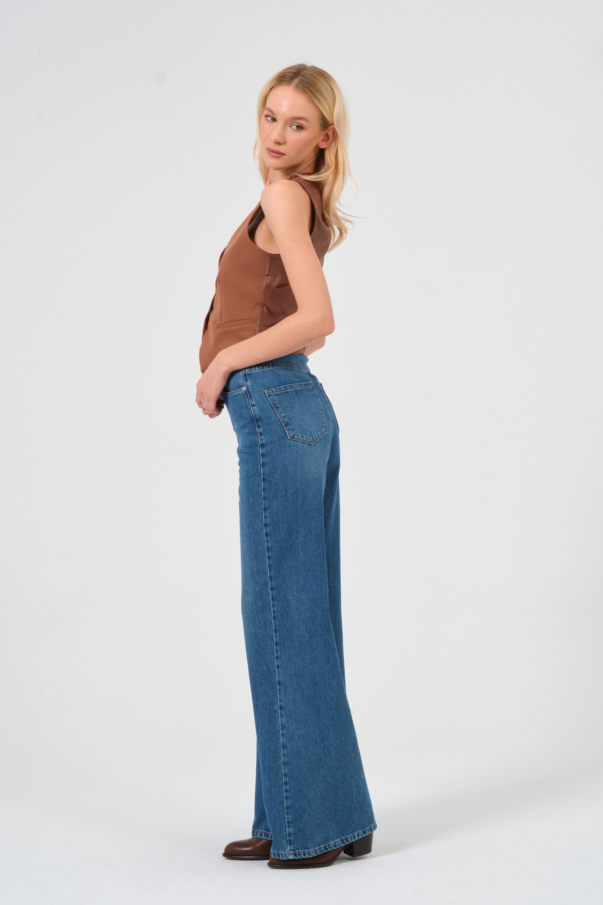 Style asia wide leg yüksek bel kot pantolon mavi