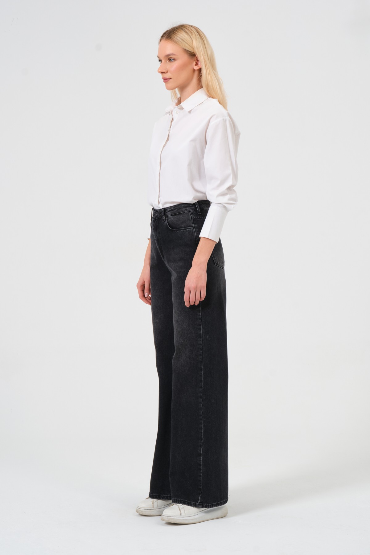 Style asia wide leg yüksek bel kot pantolon siyah