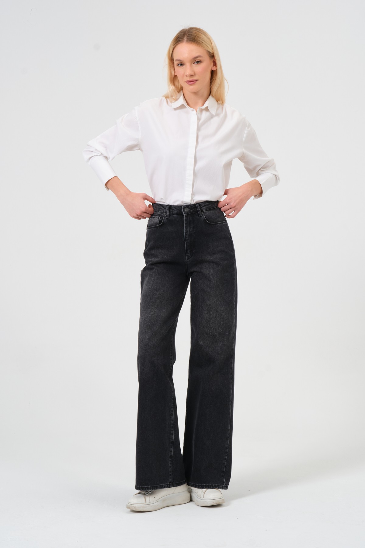 Style asia wide leg yüksek bel kot pantolon siyah