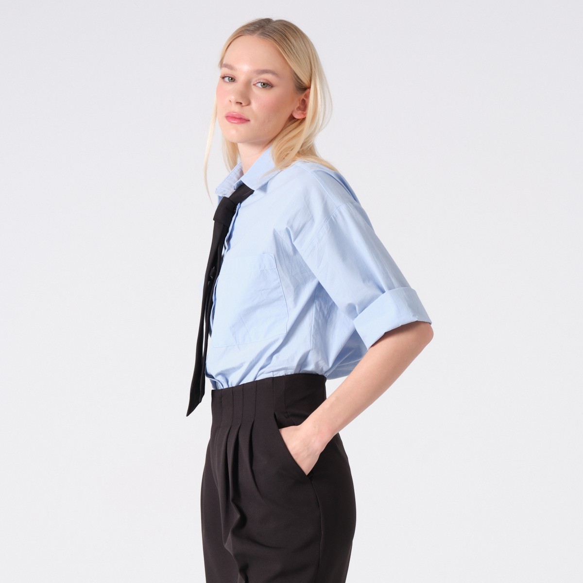 Truvakar kol %100 pamuk poplin oversize gömlek mavi
