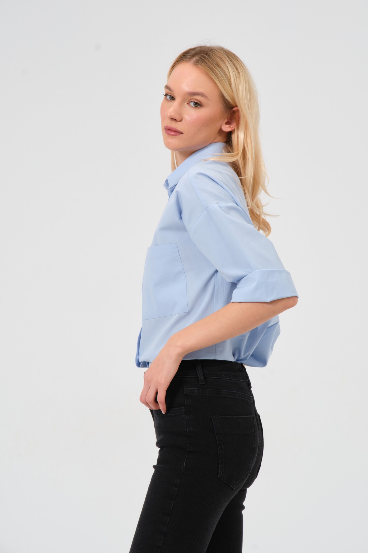 Truvakar kol %100 pamuk poplin oversize gömlek mavi