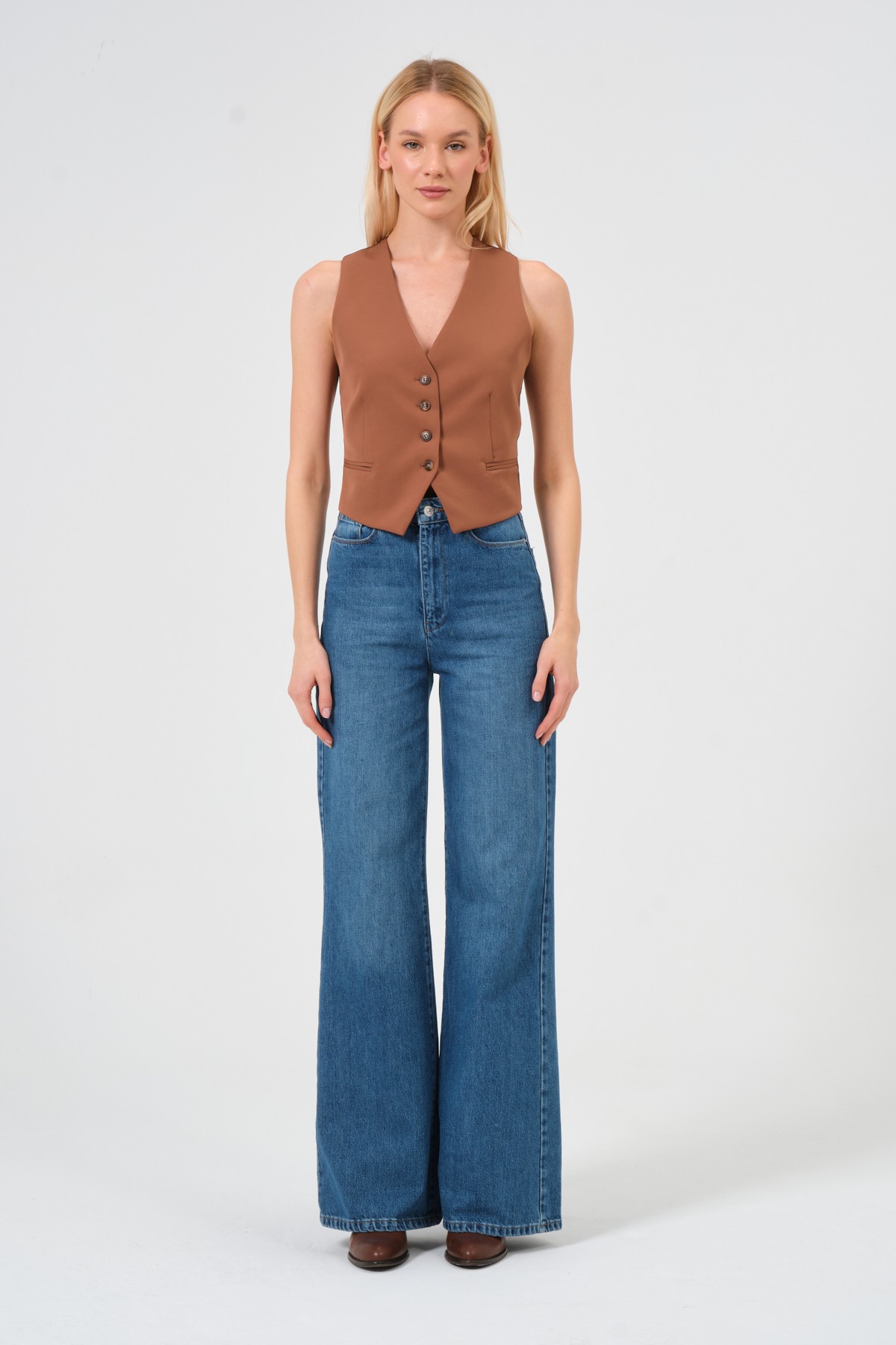 Style asia wide leg yüksek bel kot pantolon mavi