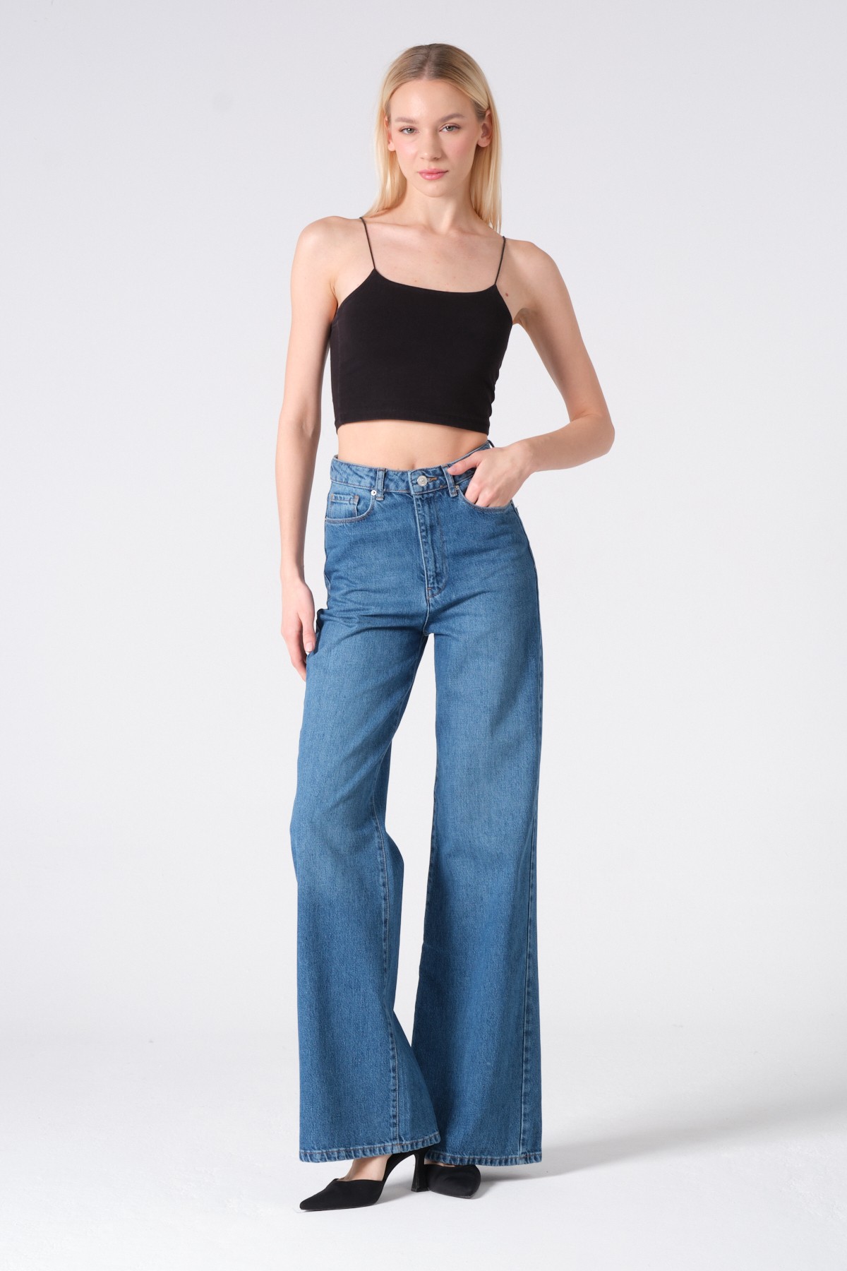 Style asia wide leg yüksek bel kot pantolon mavi