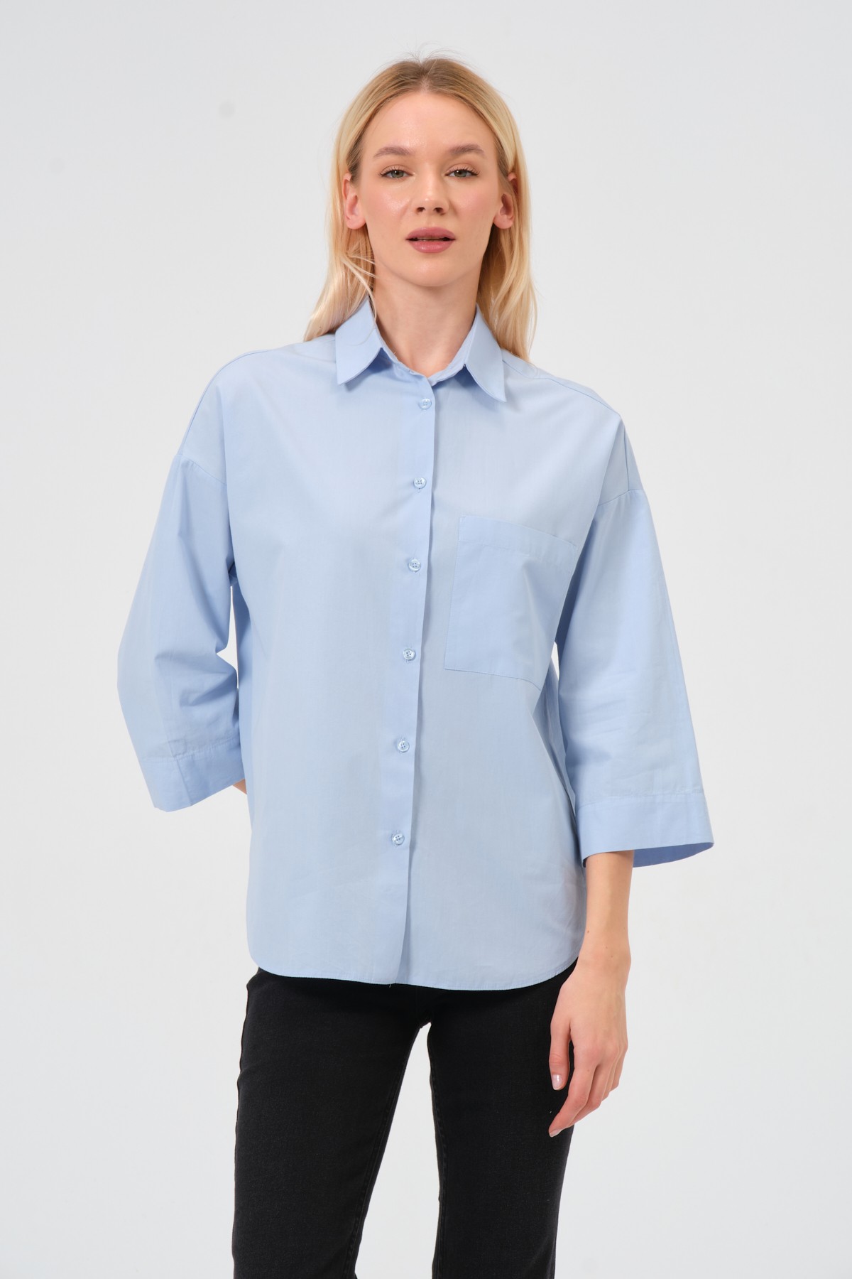 Truvakar kol %100 pamuk poplin oversize gömlek mavi