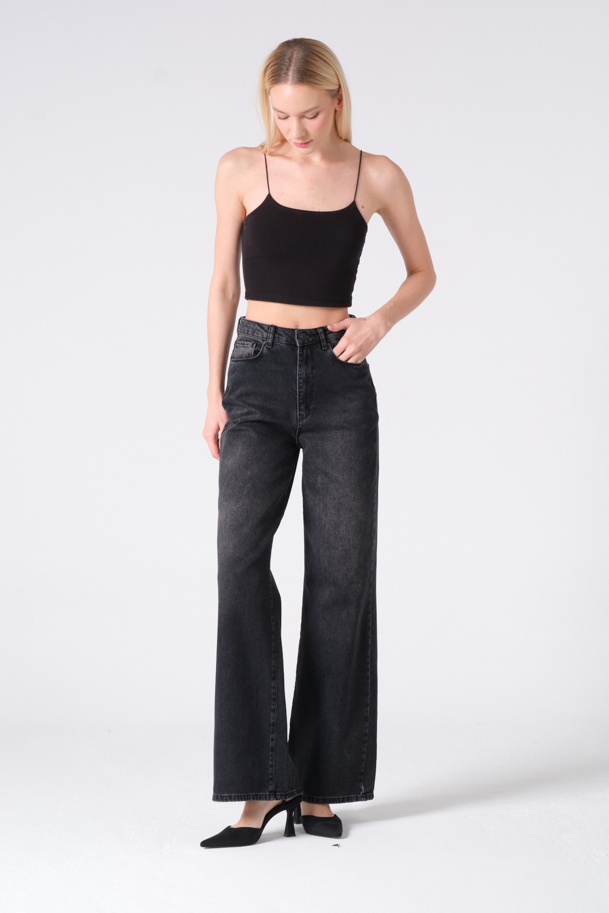 Style asia wide leg yüksek bel kot pantolon siyah