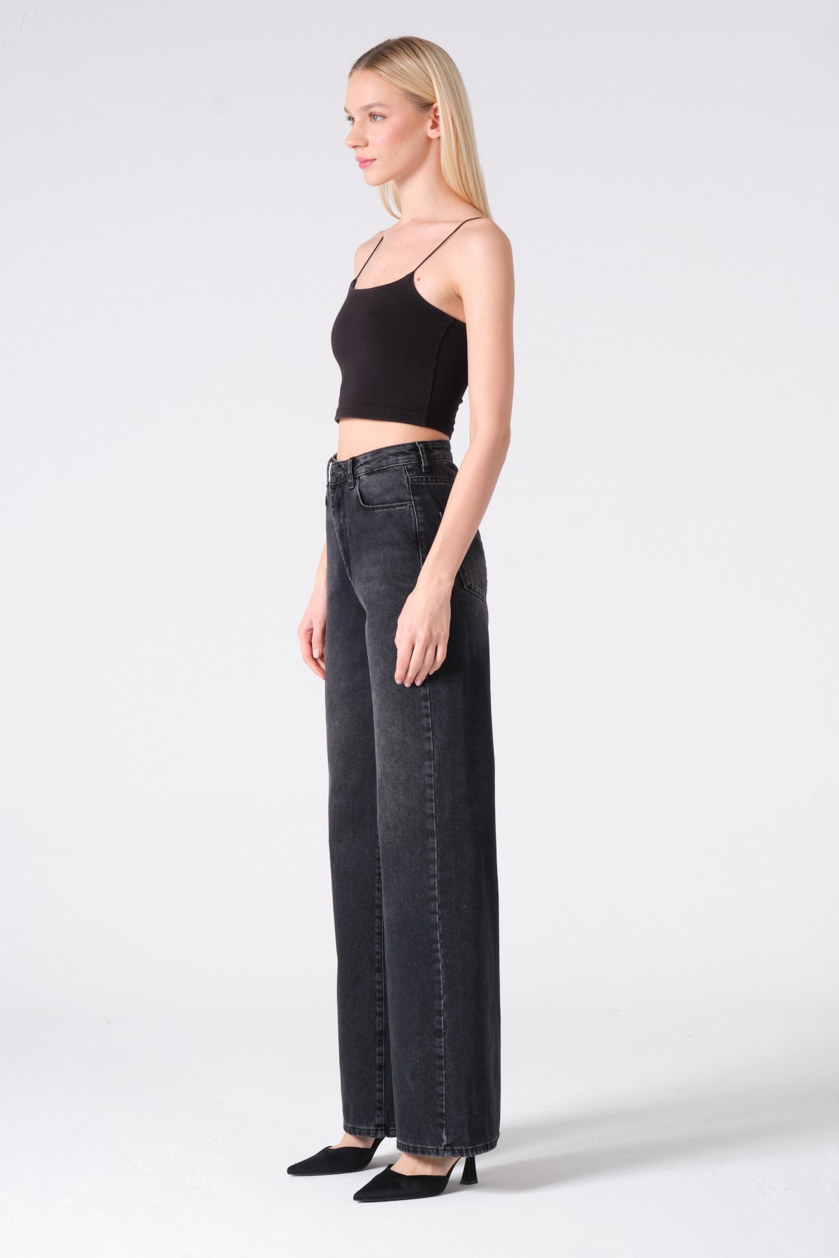 Style asia wide leg yüksek bel kot pantolon siyah