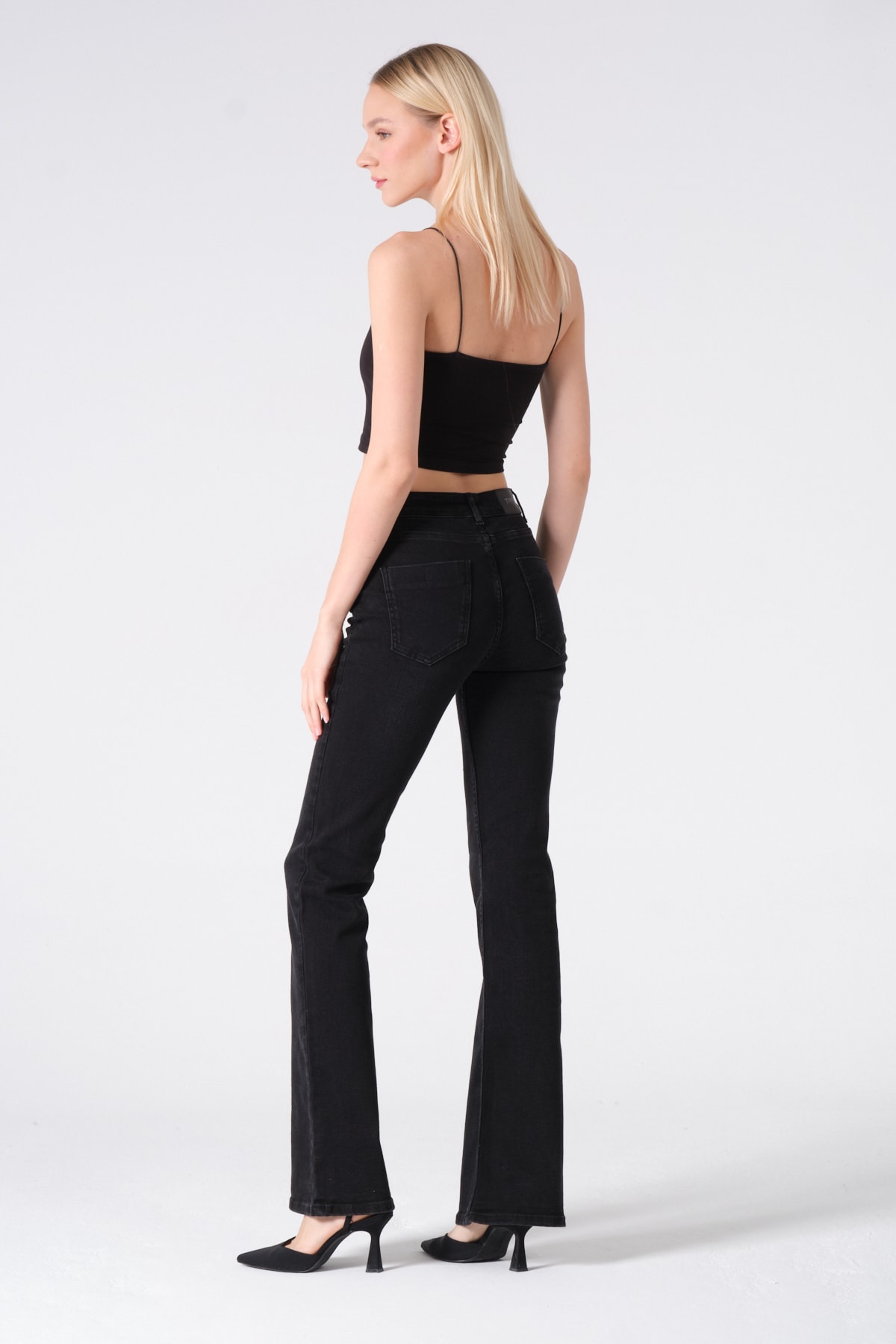 Style tina likralı dar kesim ispanyol paça kot pantolon siyah