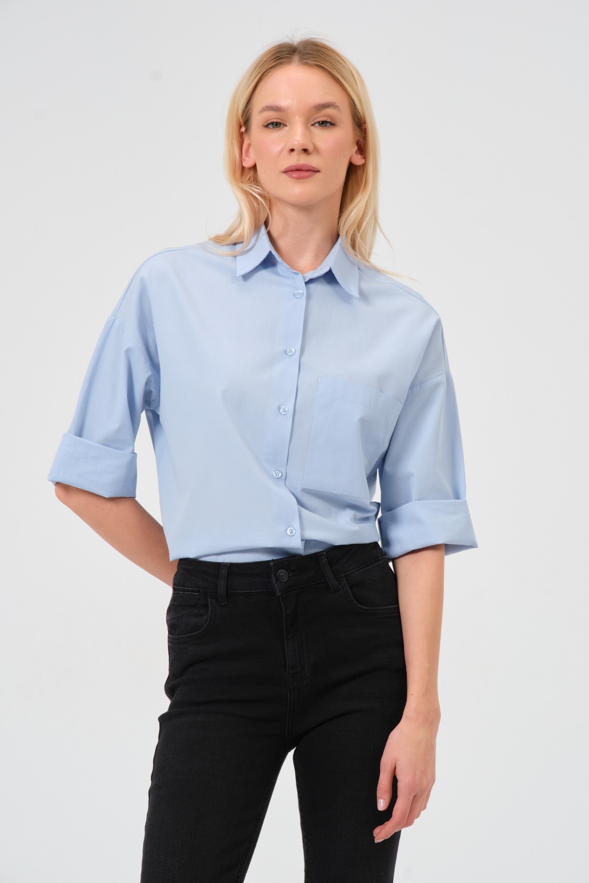 Truvakar kol %100 pamuk poplin oversize gömlek mavi