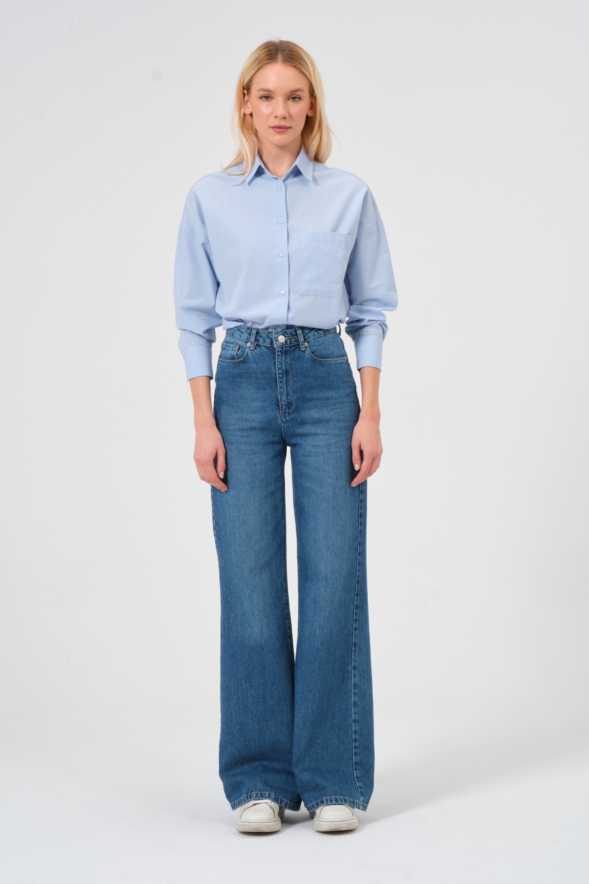 Style asia wide leg yüksek bel kot pantolon mavi