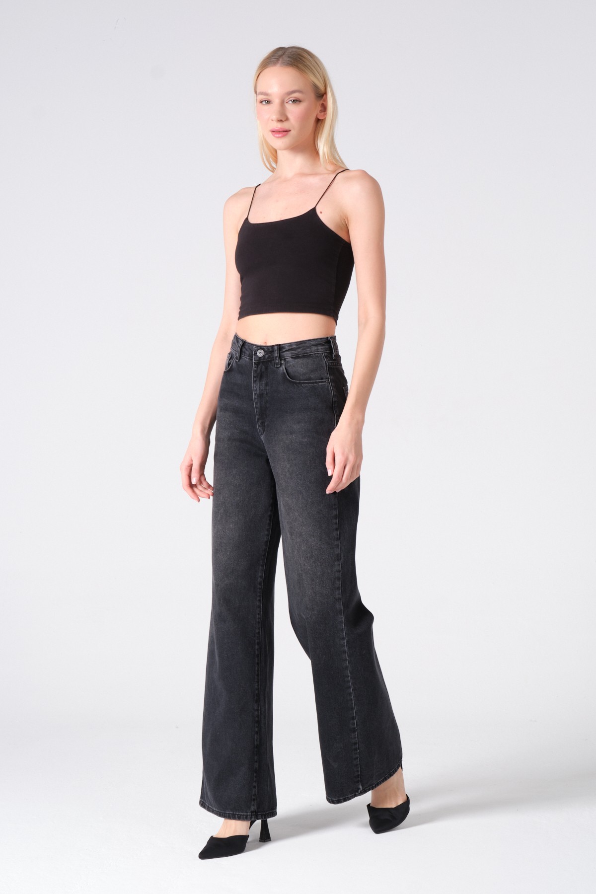 Style asia wide leg yüksek bel kot pantolon siyah