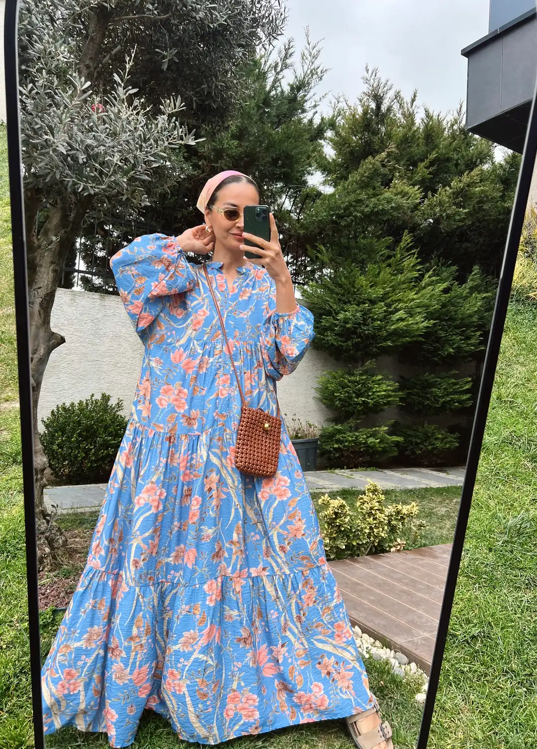 Sarmaşık Desen Katleya Model Elbise-Mavi