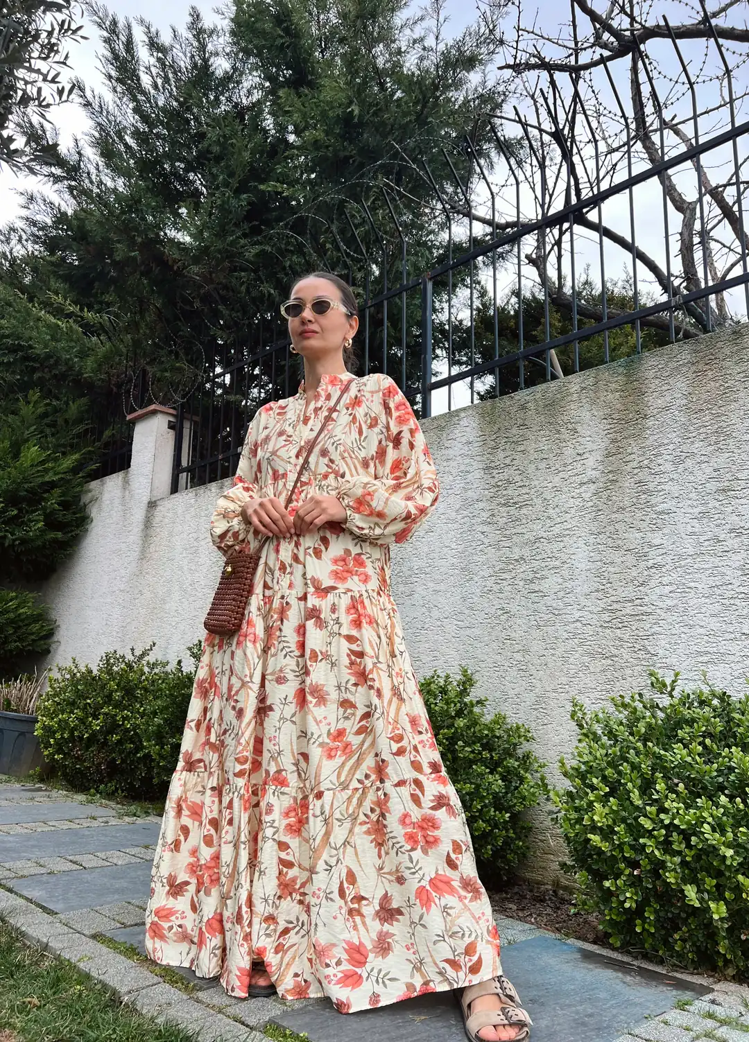 Sarmaşık Desen Katleya Model Elbise-Ekru