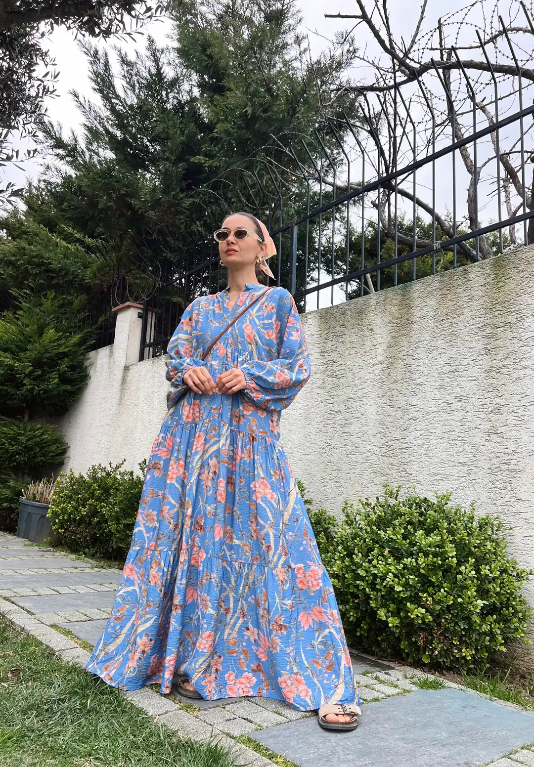 Sarmaşık Desen Katleya Model Elbise-Mavi