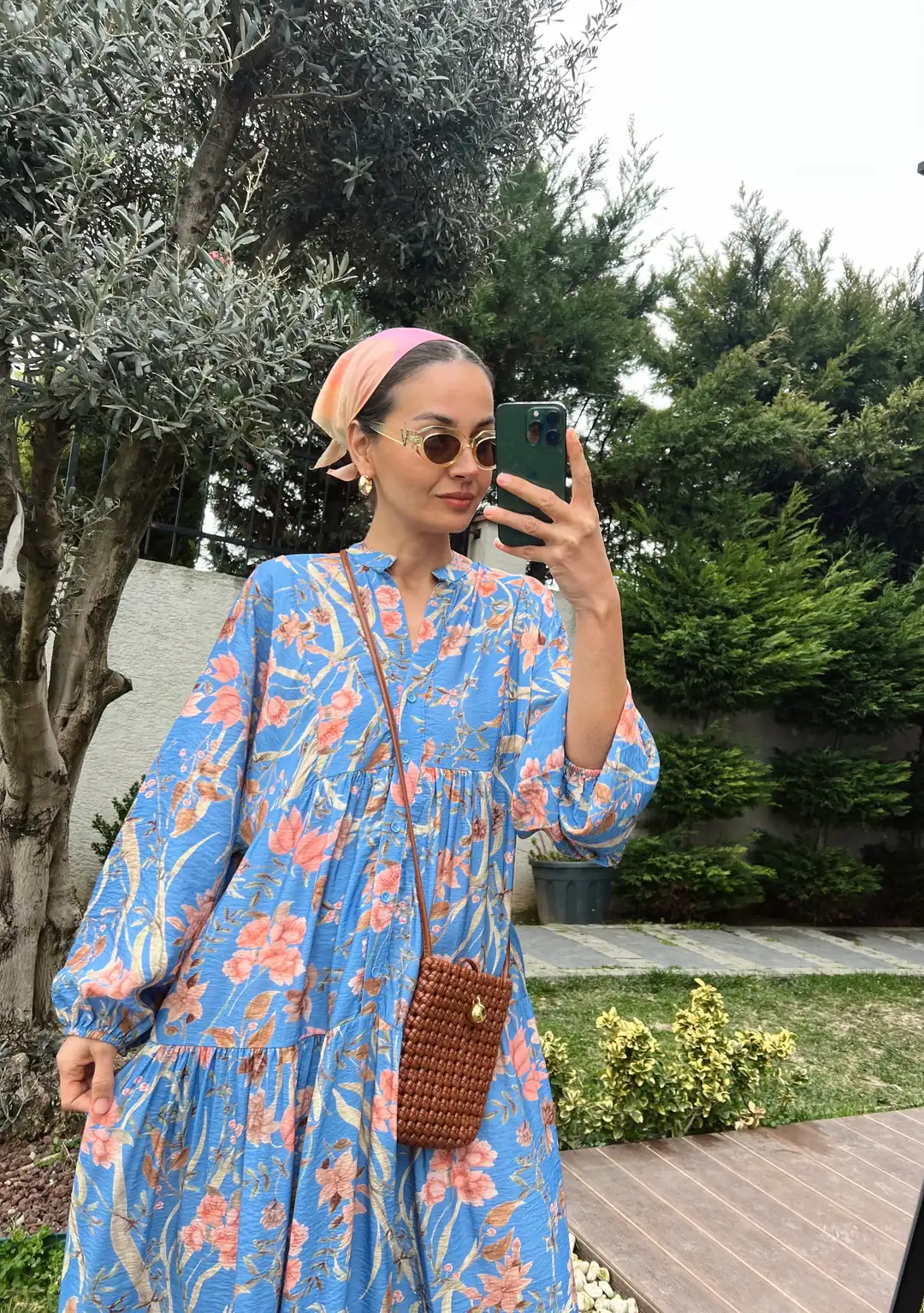 Sarmaşık Desen Katleya Model Elbise-Mavi