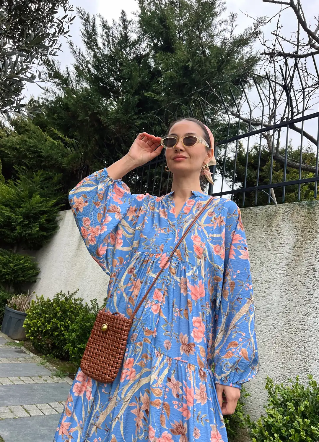 Sarmaşık Desen Katleya Model Elbise-Mavi