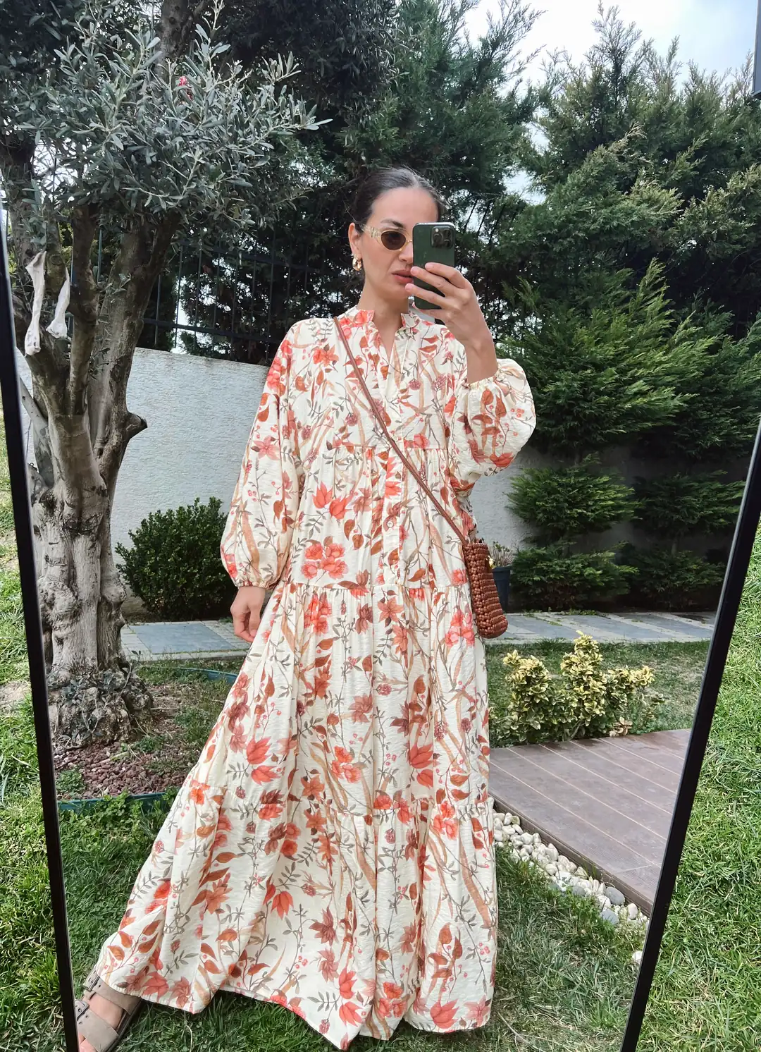 Sarmaşık Desen Katleya Model Elbise-Ekru