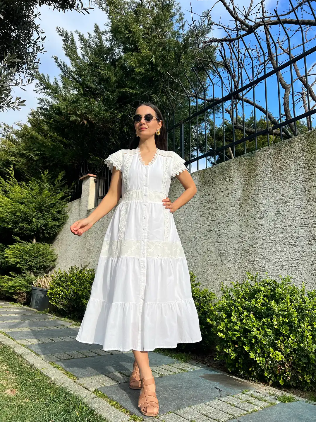 Boydan Düğmeli Fisto Elbise-Beyaz