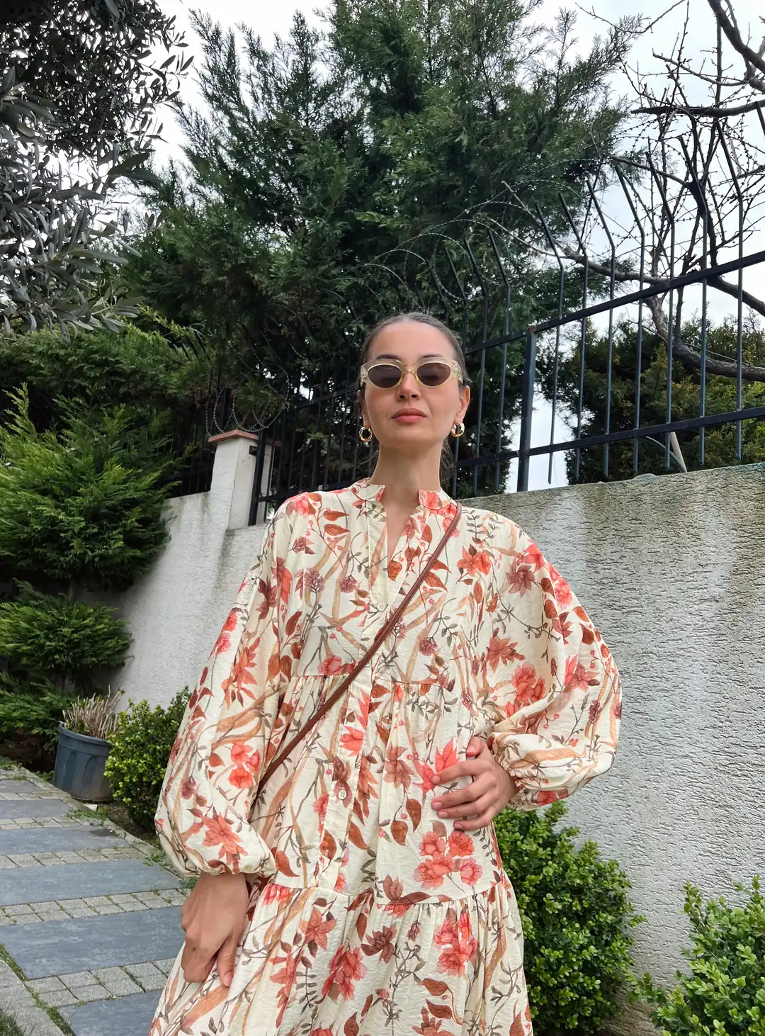 Sarmaşık Desen Katleya Model Elbise-Ekru