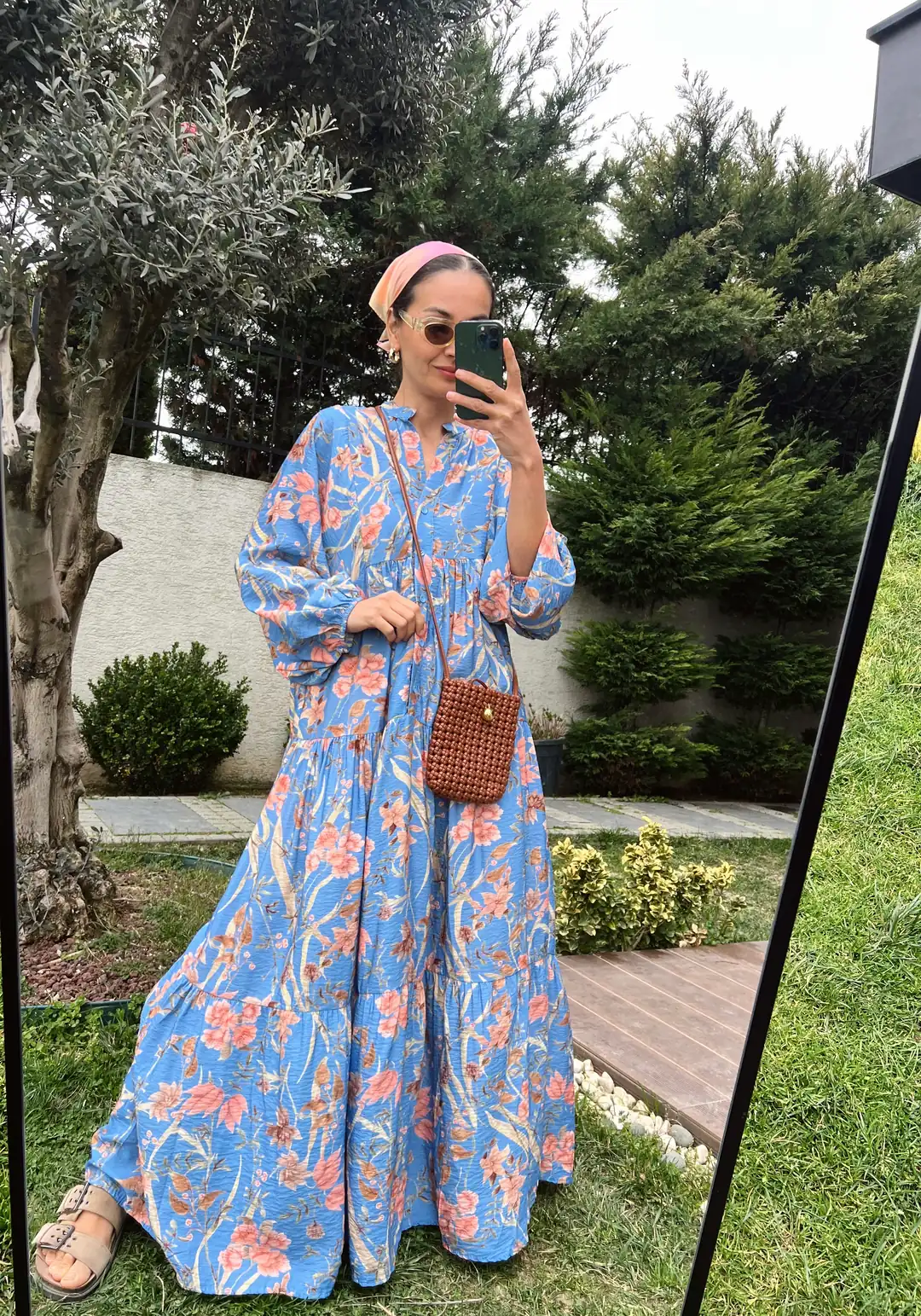 Sarmaşık Desen Katleya Model Elbise-Mavi