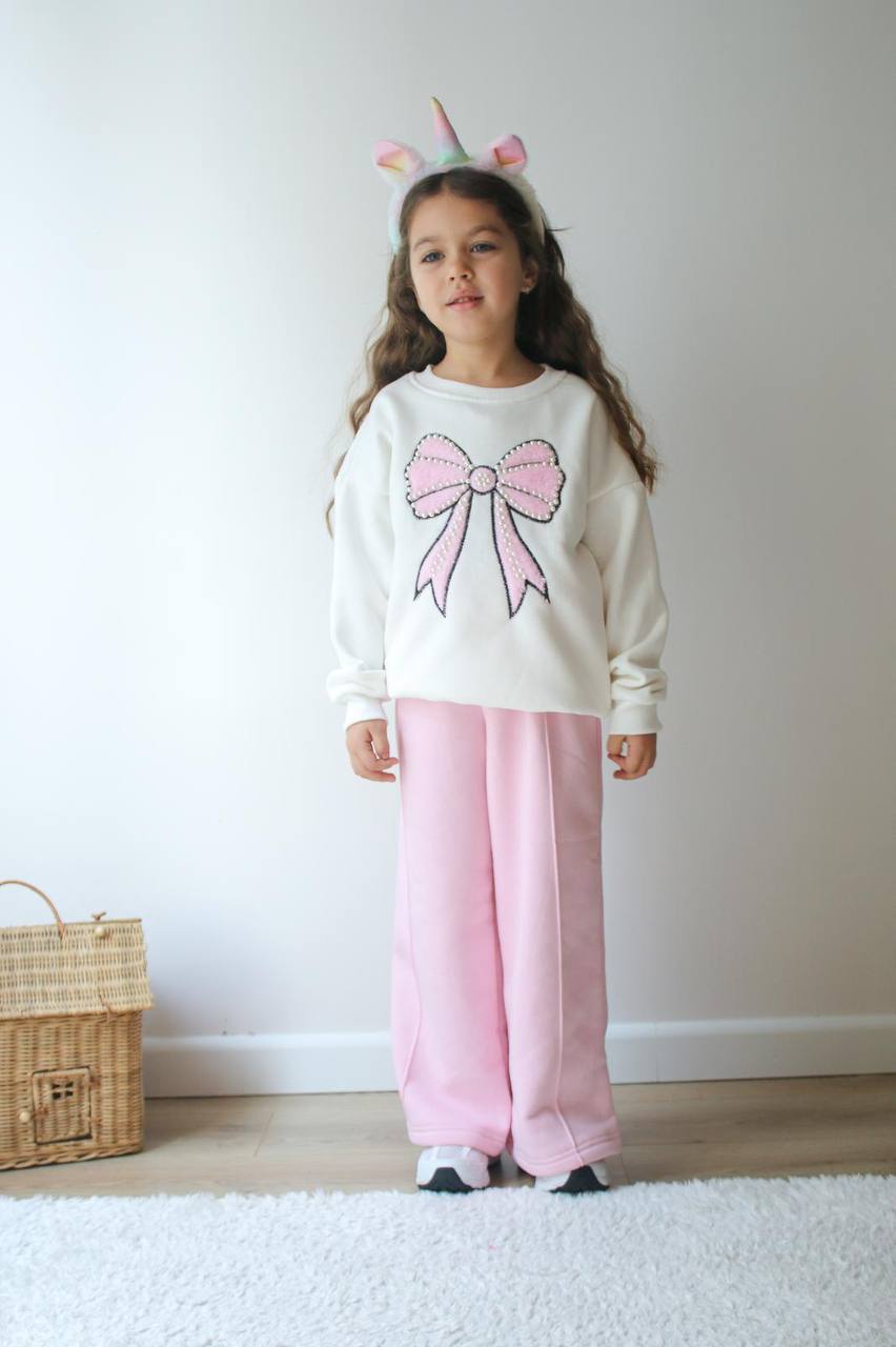 İnci Fiyonk Baskılı 3 İplik Şardonlu Takım-Pembe