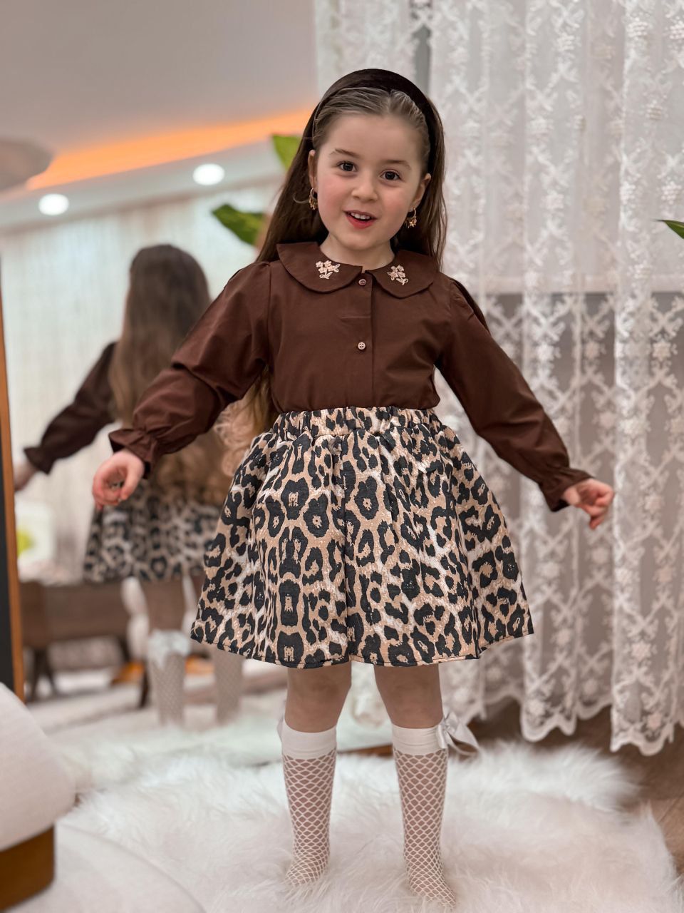 Yaka Nakışlı Leopar Etekli Takım