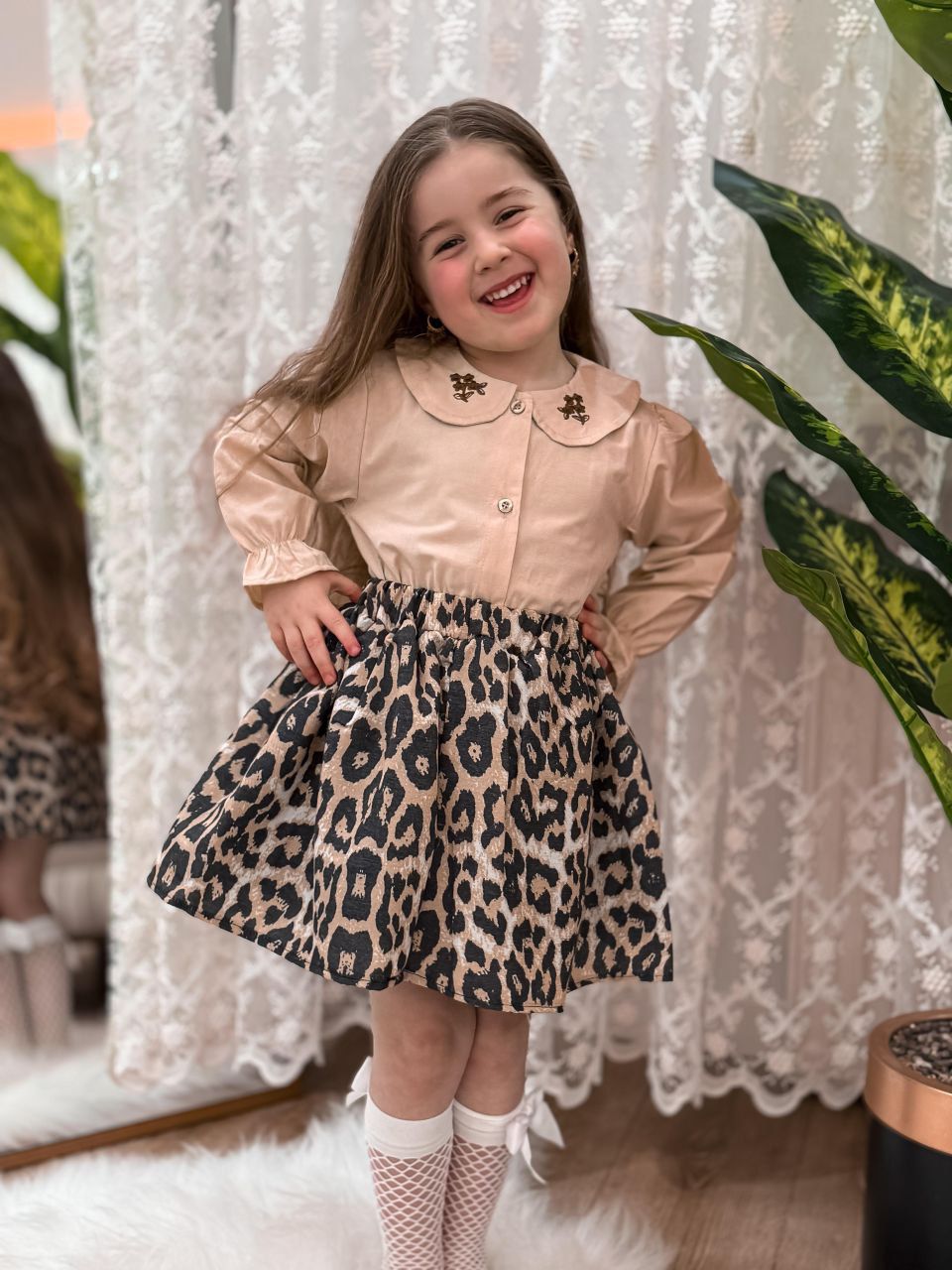 Yaka Nakışlı Leopar Etekli Takım