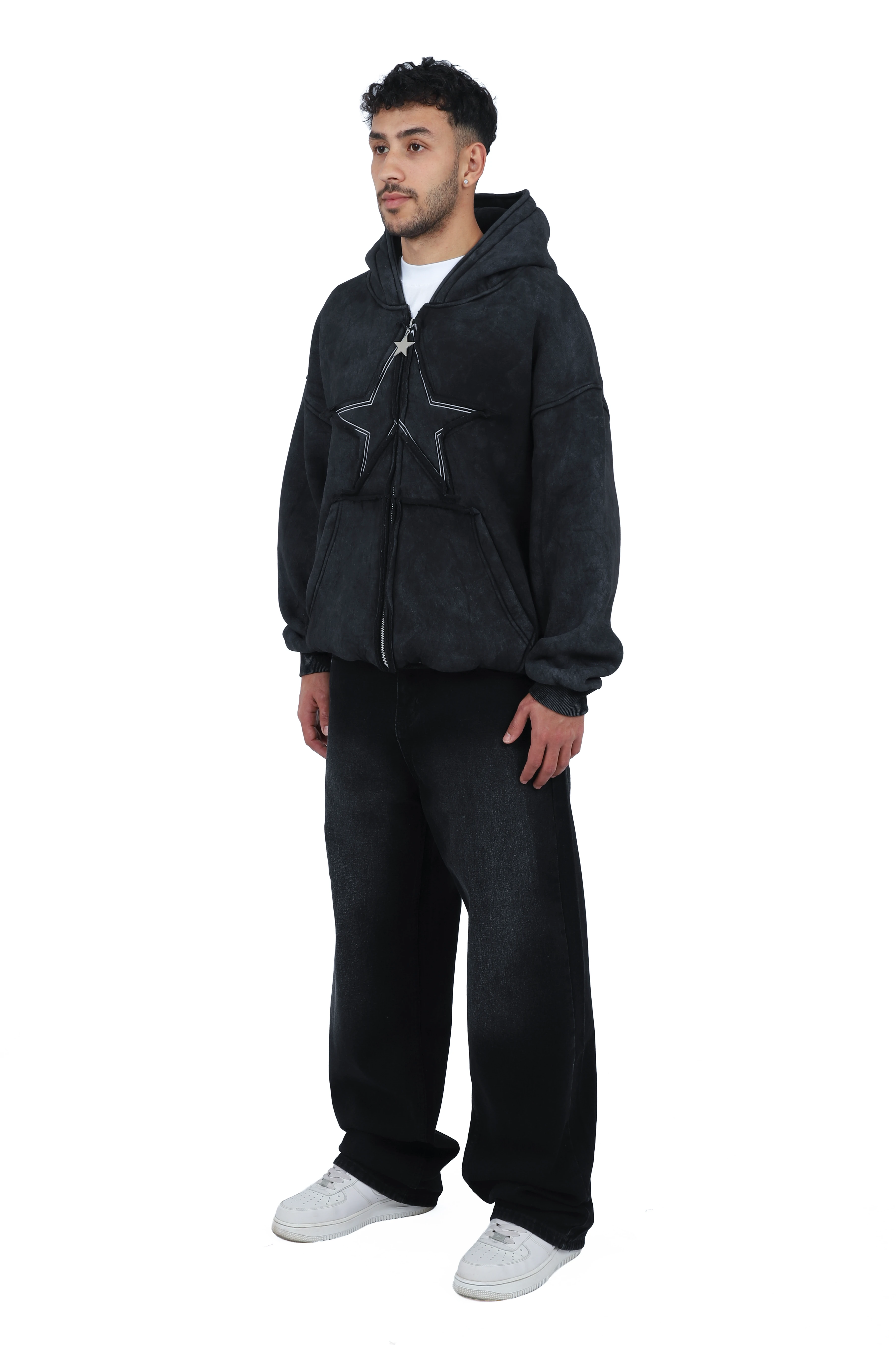 Premium Acid  Star Washed Nakışlı Boxy Full-Zip