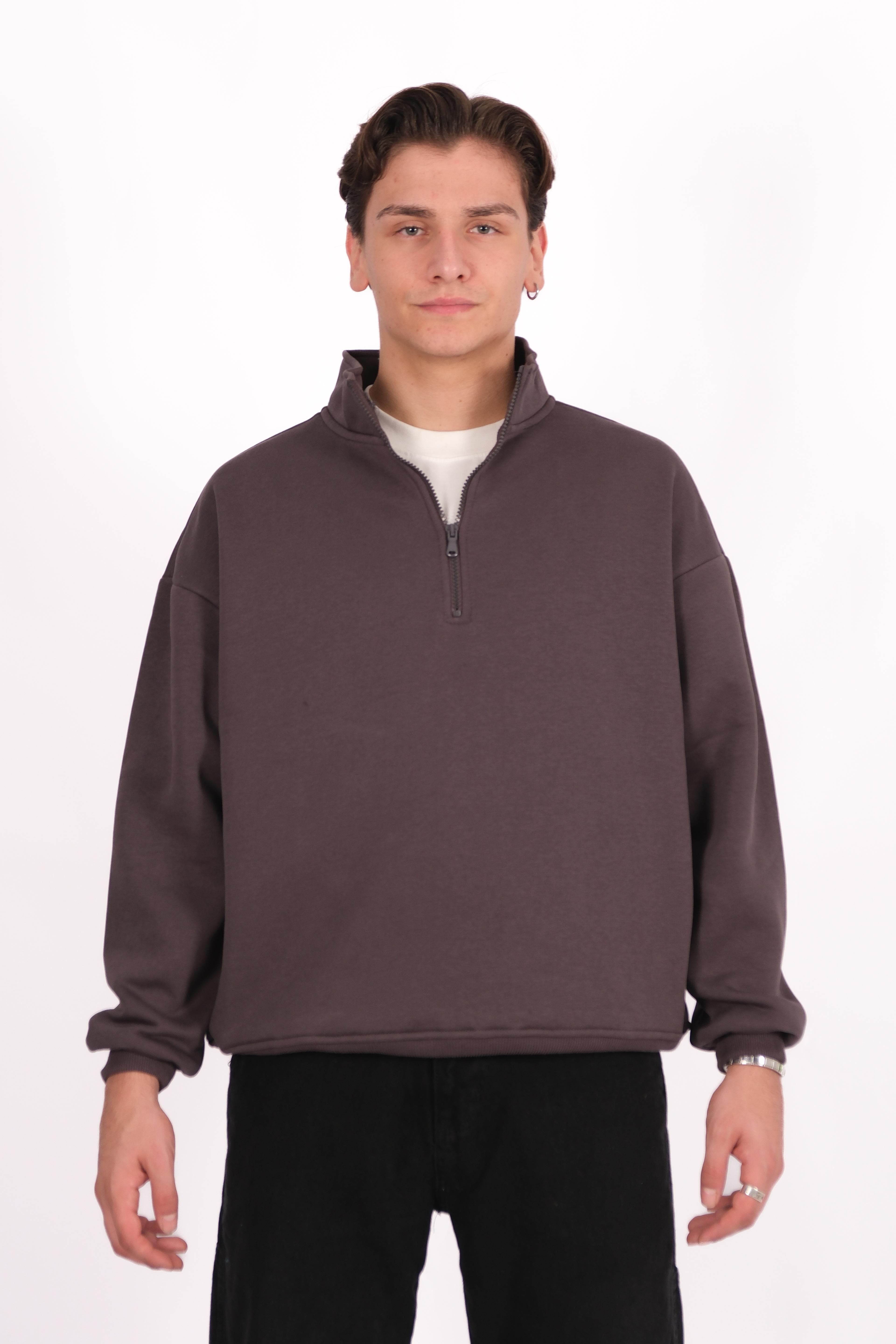 Half Zip Oversize Polo Yaka Sweatshirt - Gri