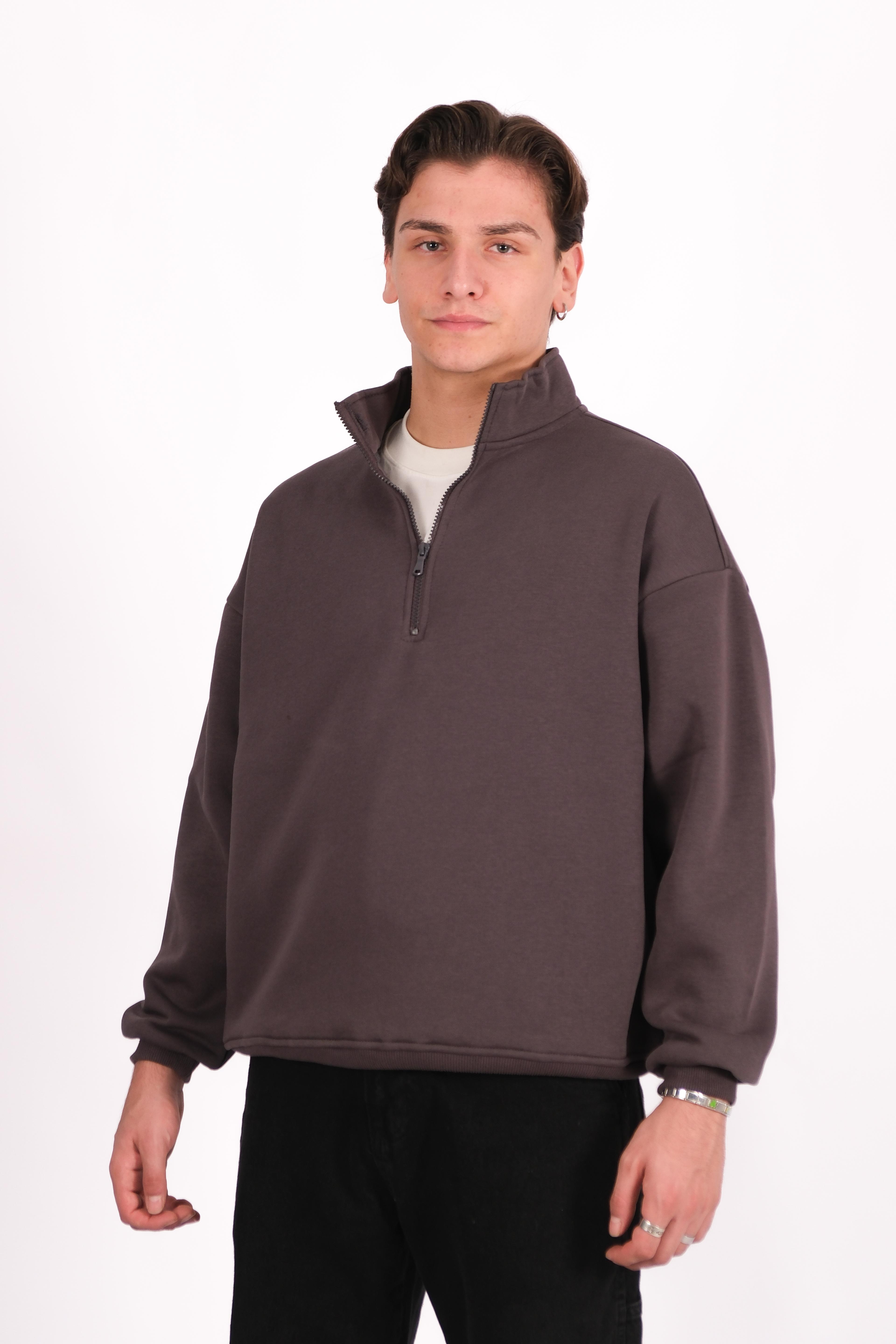 Half Zip Oversize Polo Yaka Sweatshirt - Gri