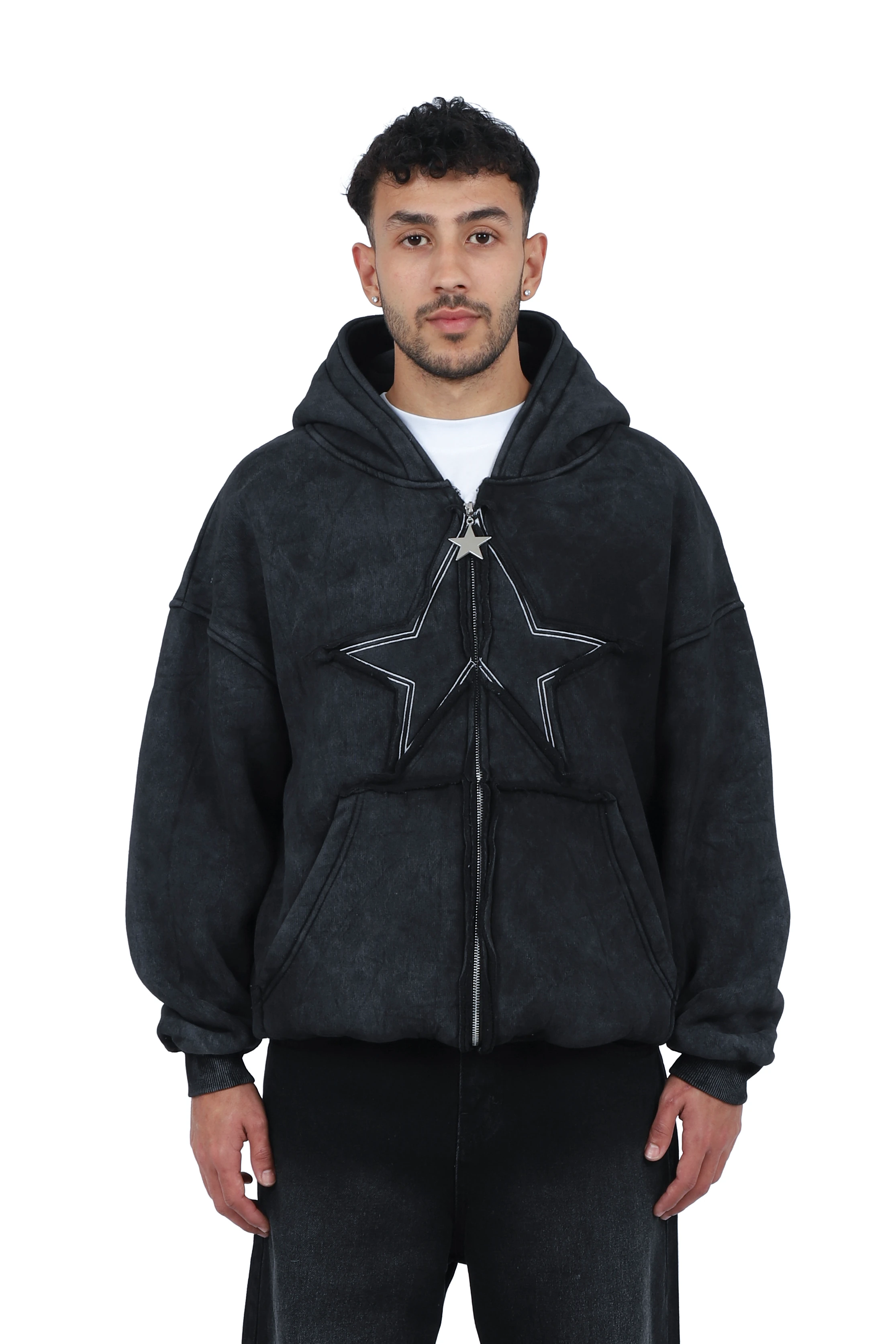 Premium Acid  Star Washed Nakışlı Boxy Full-Zip - Siyah