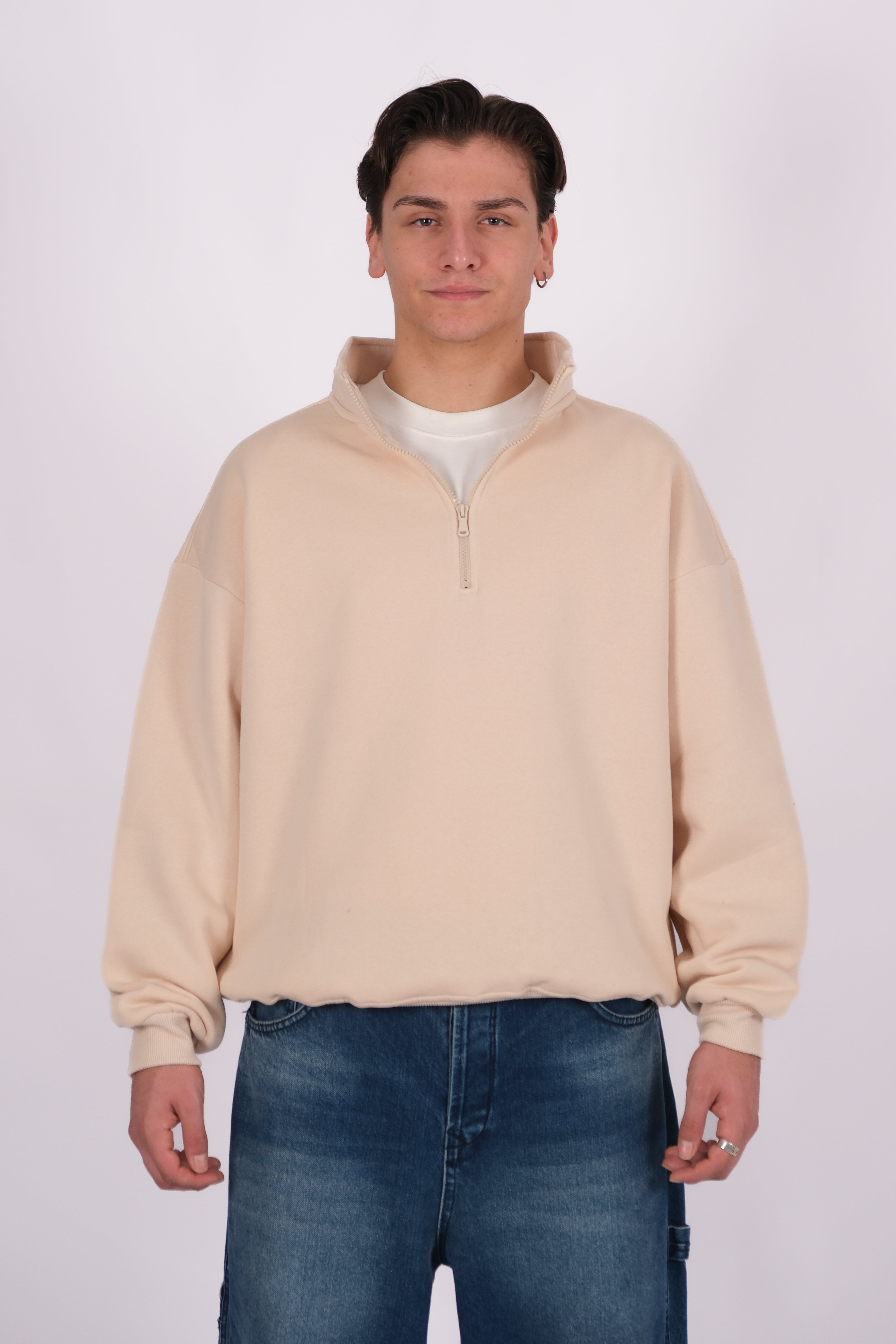 Half Zip Oversize Polo Yaka Sweatshirt - Bej