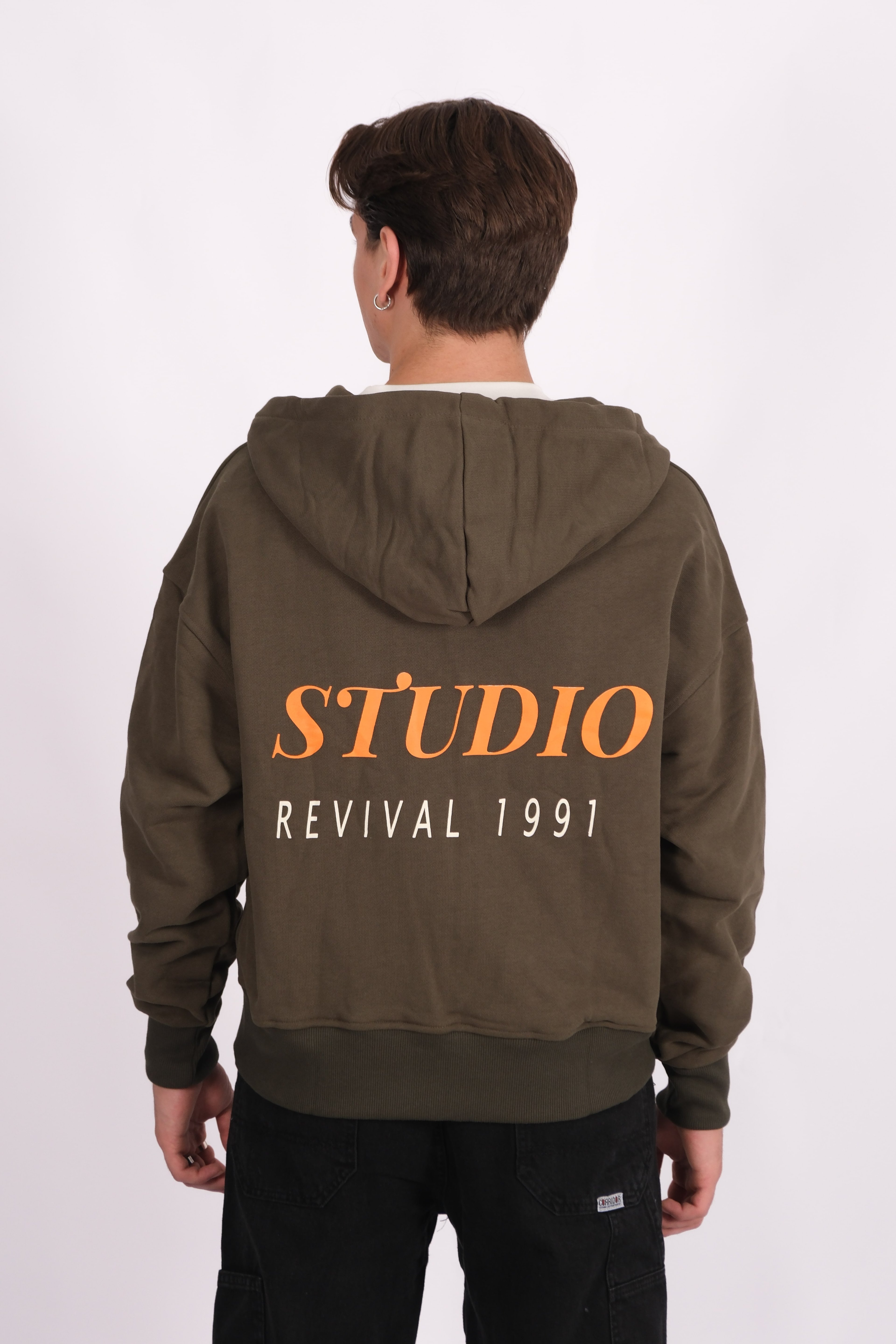 Studio Revival 1991 Baskılı Haki Oversize Hoodie