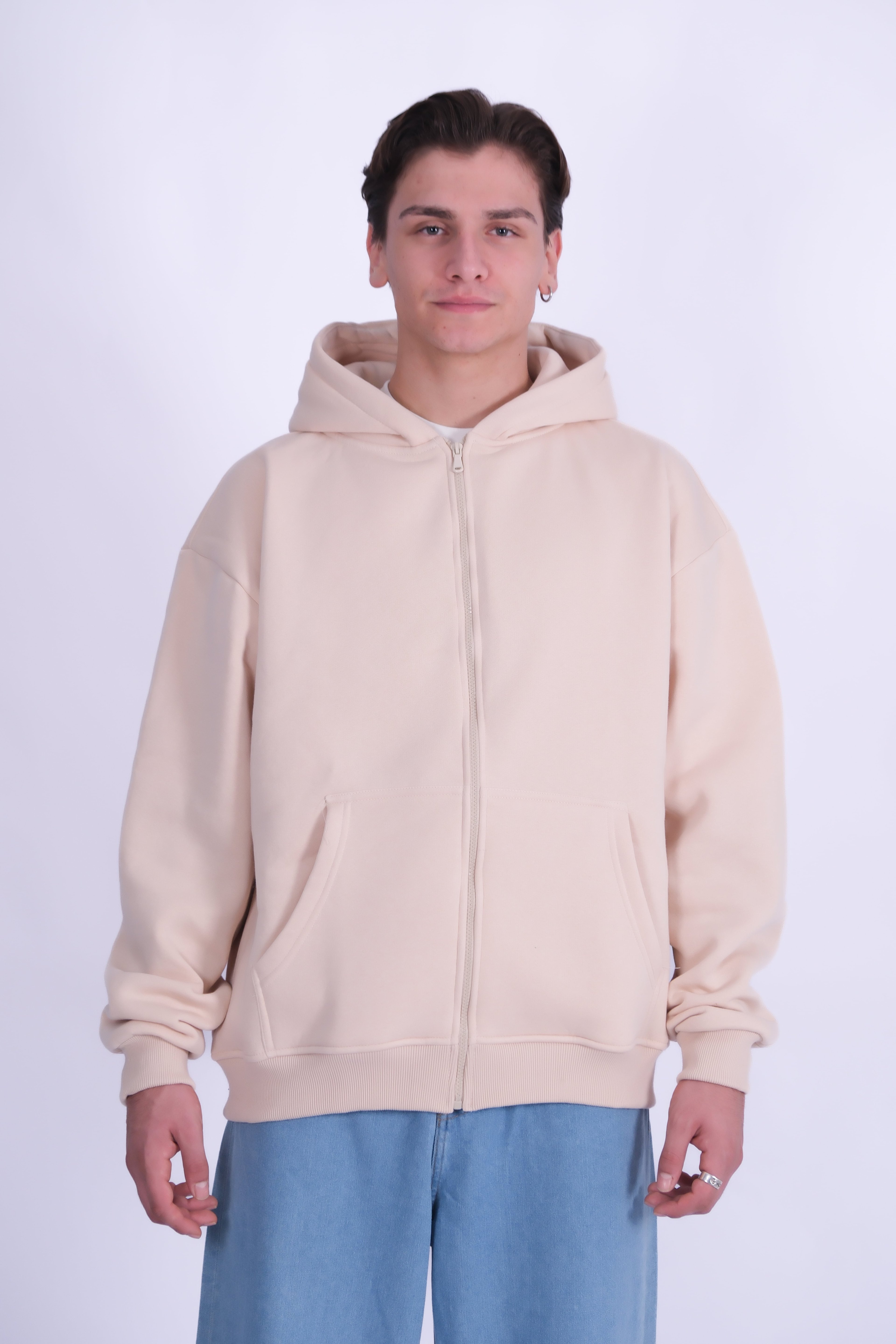 Basic Zip Hoodie - Bej