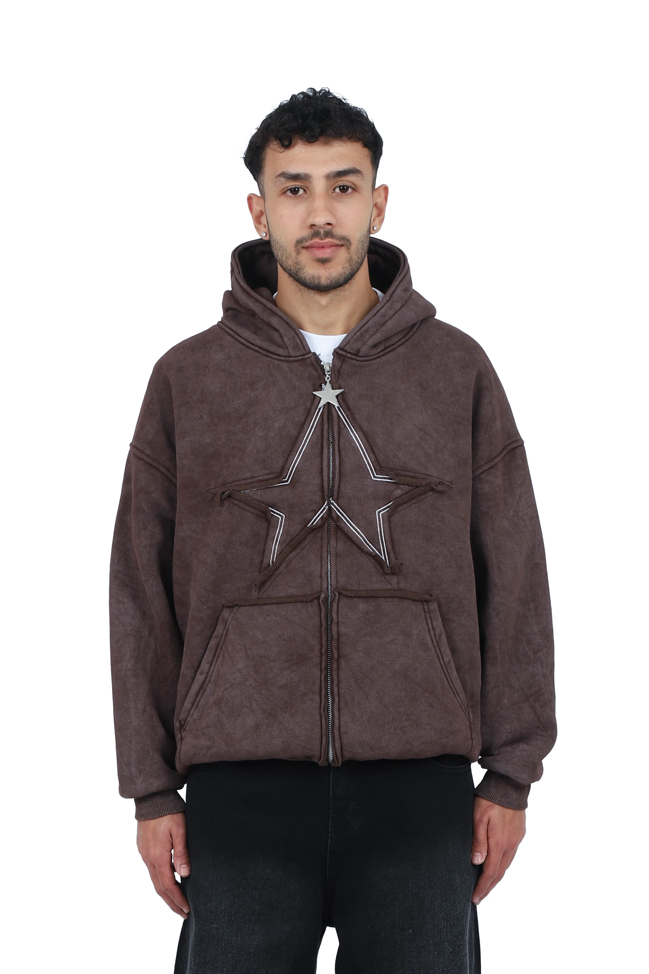 Premium Acid  Star Washed Nakışlı Boxy Full-Zip - Kahverengi