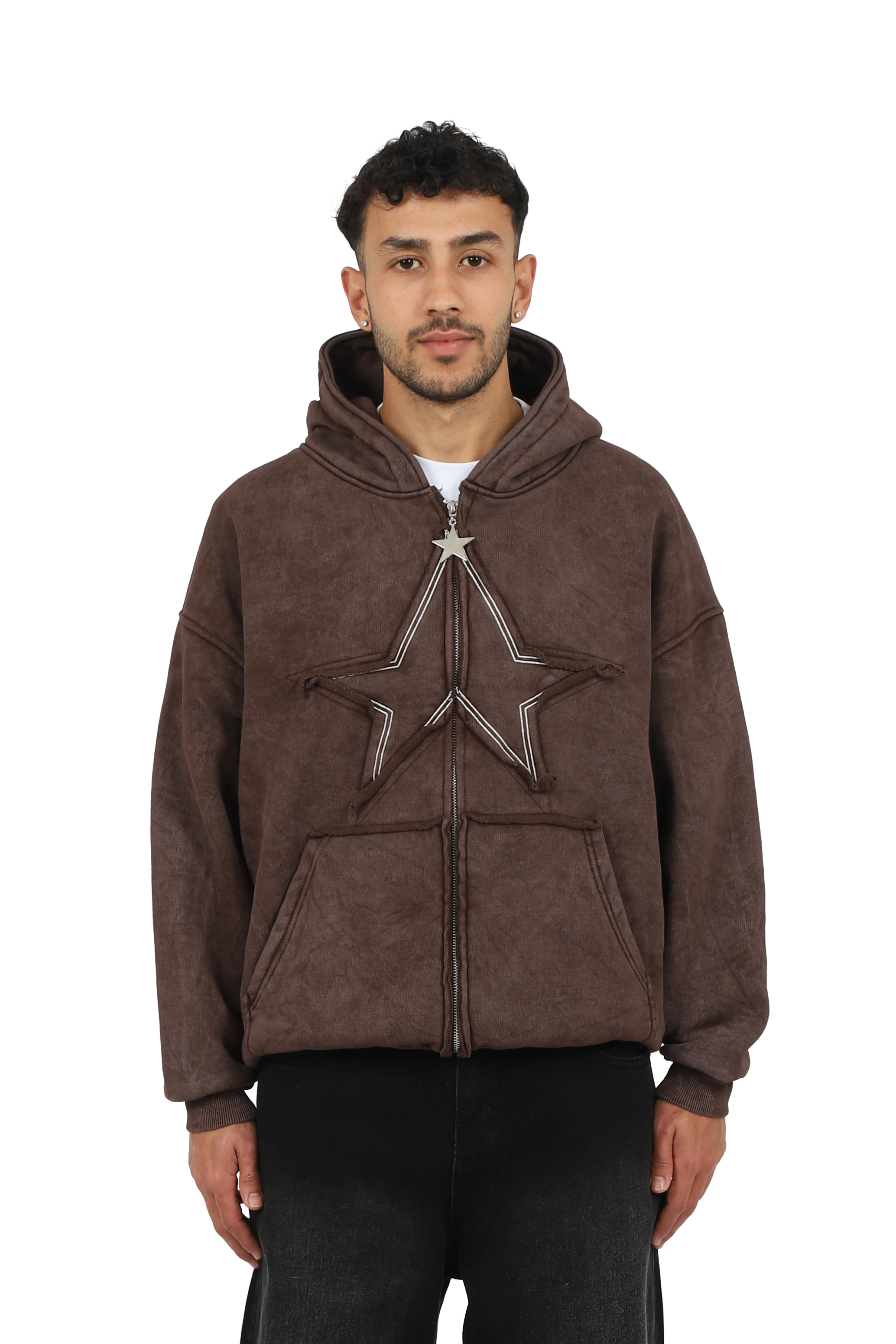 Premium Acid  Star Washed Nakışlı Boxy Full-Zip - Kahverengi