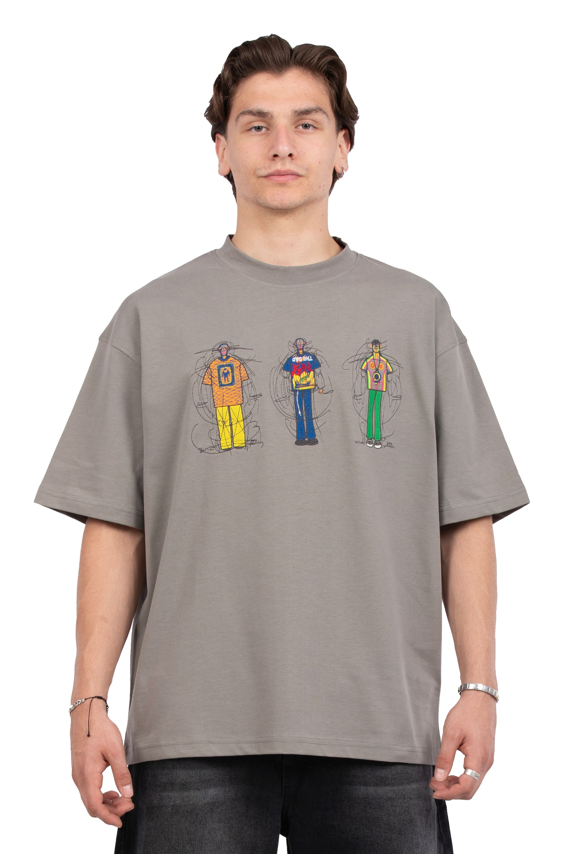 ThreeMan Nakış Detaylı Oversize Tişört - Gri