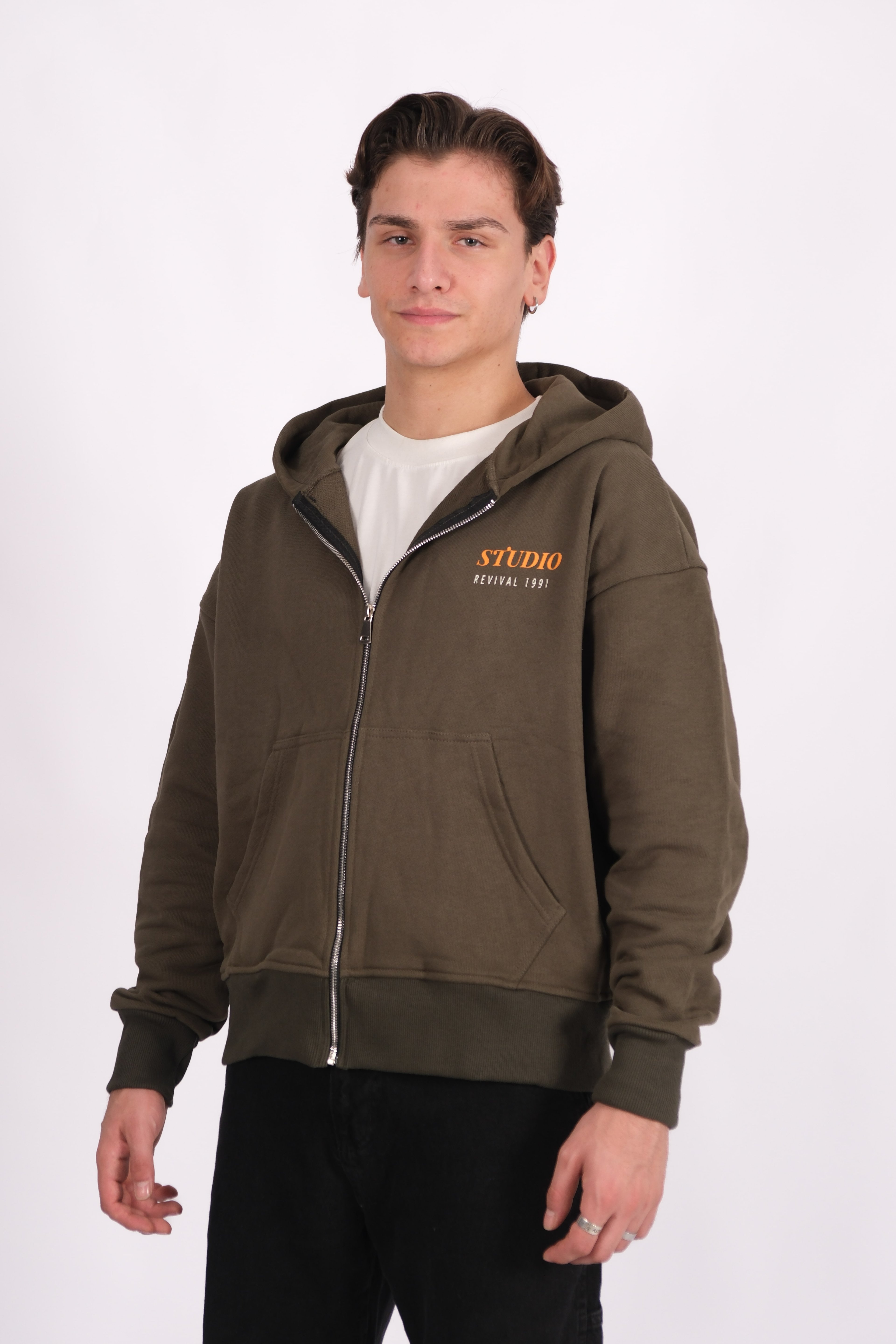 Studio Revival 1991 Baskılı Haki Oversize Hoodie