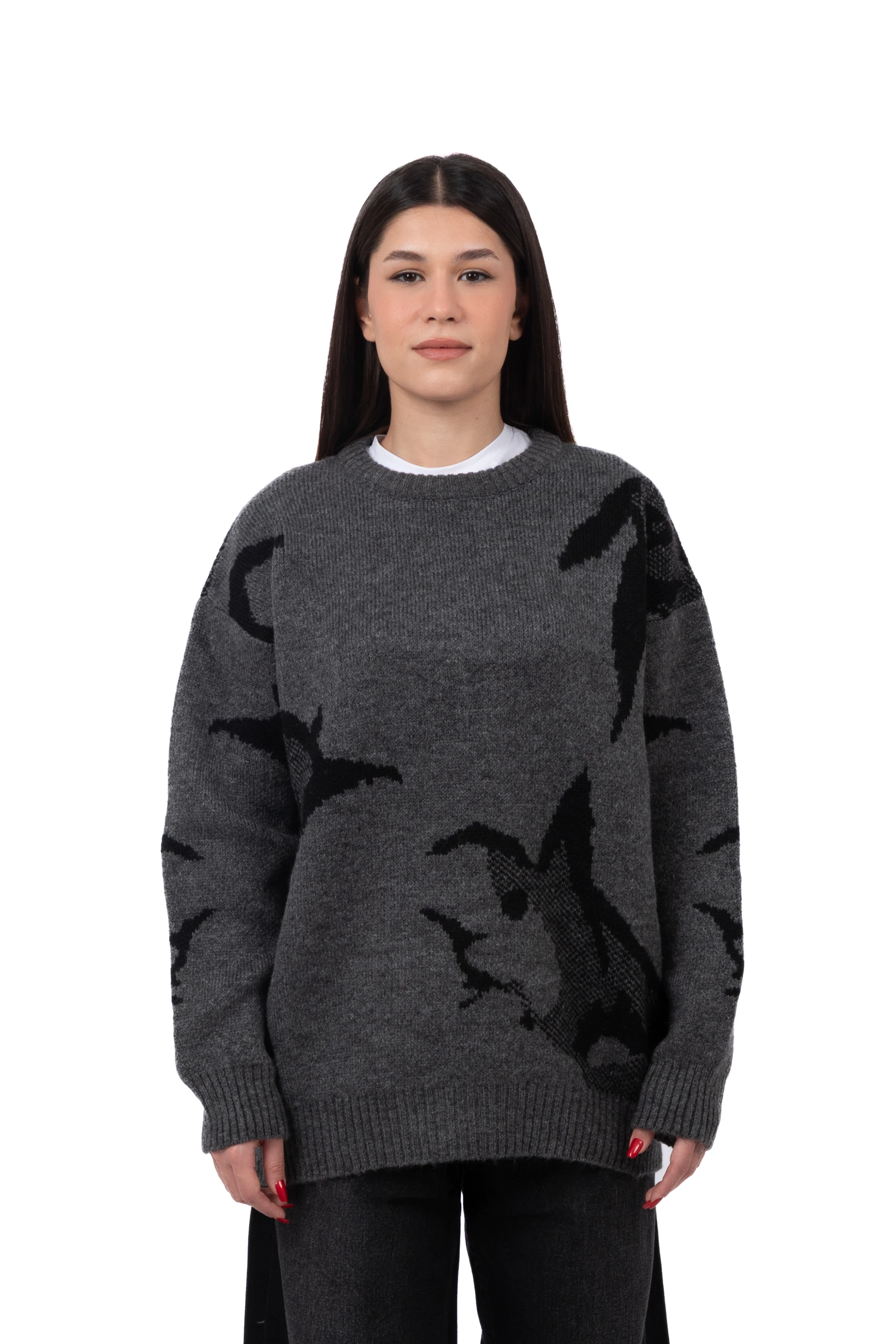 Silhouette Desenli Tüylü Premium Oversize Kazak