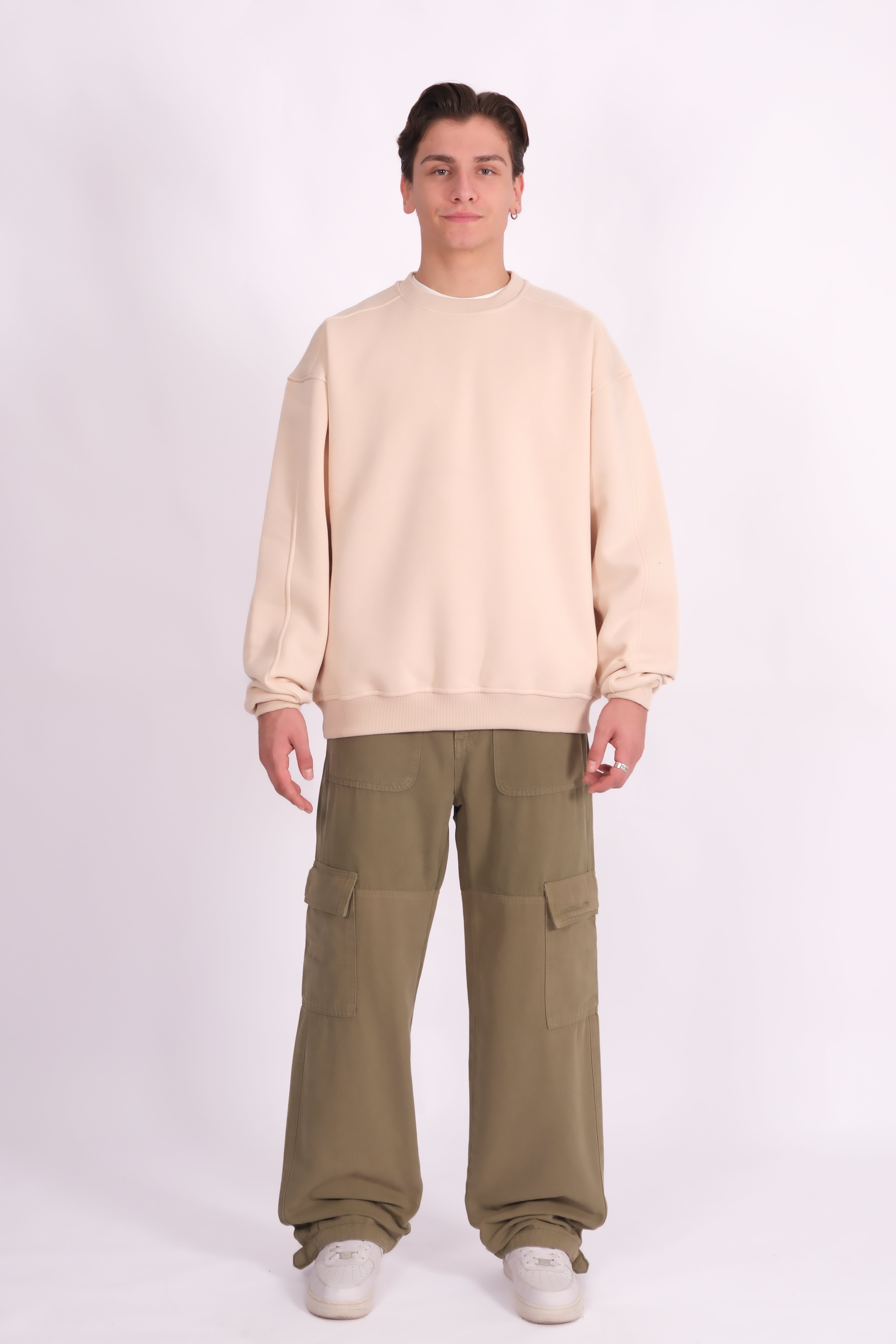 Bisiklet Yaka Basic Oversize Sweatshirt - Bej