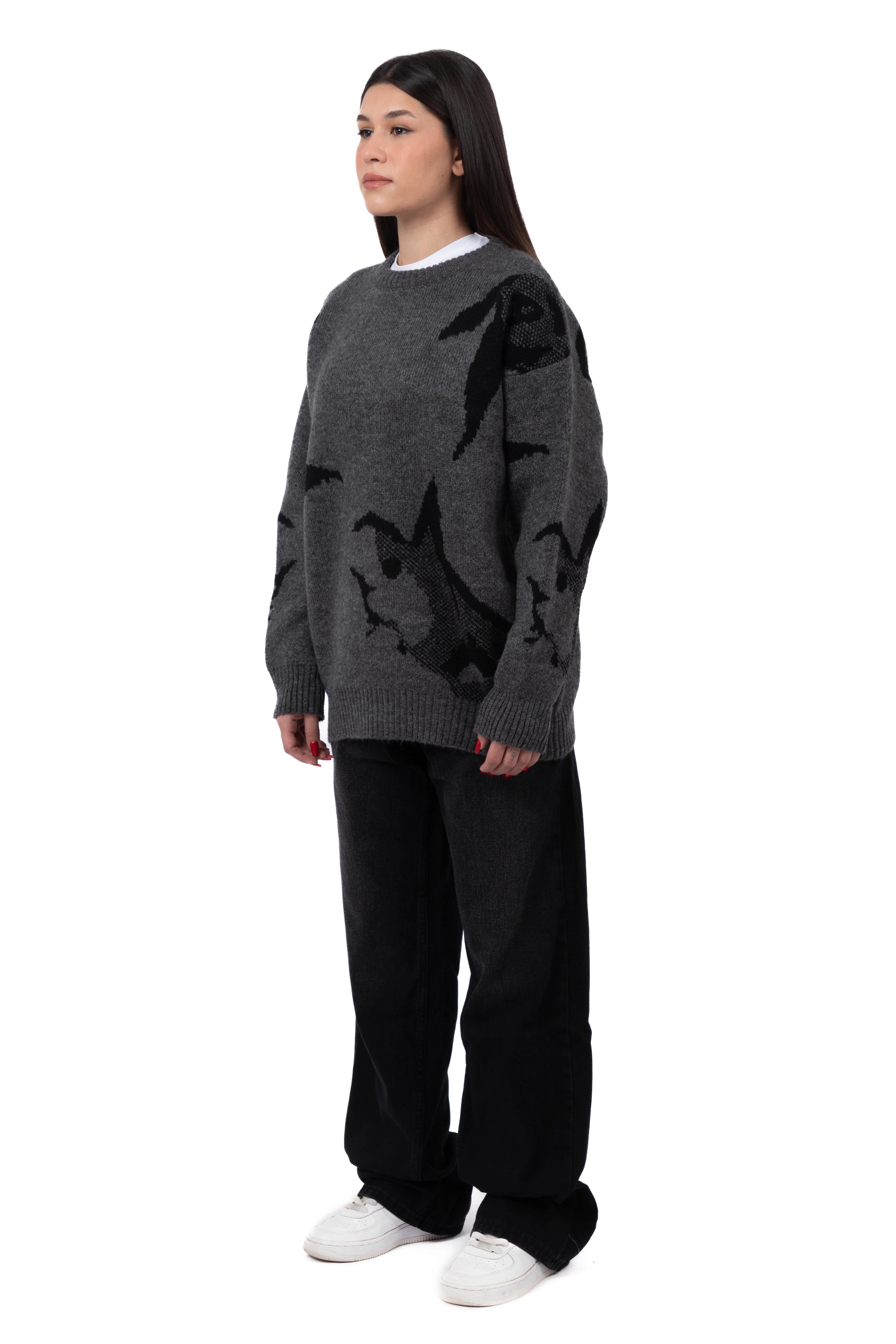 Silhouette Desenli Tüylü Premium Oversize Kazak