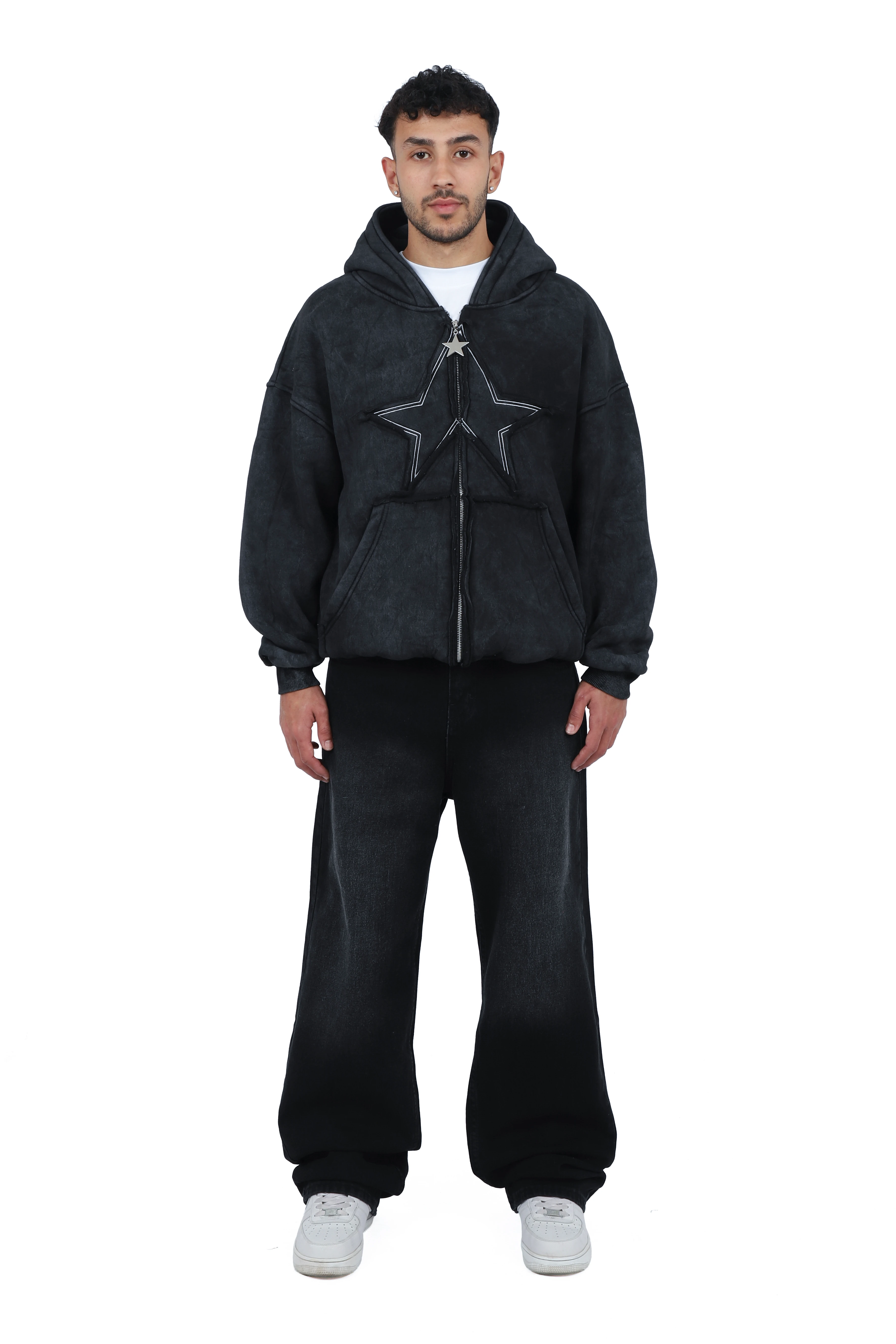 Premium Acid  Star Washed Nakışlı Boxy Full-Zip