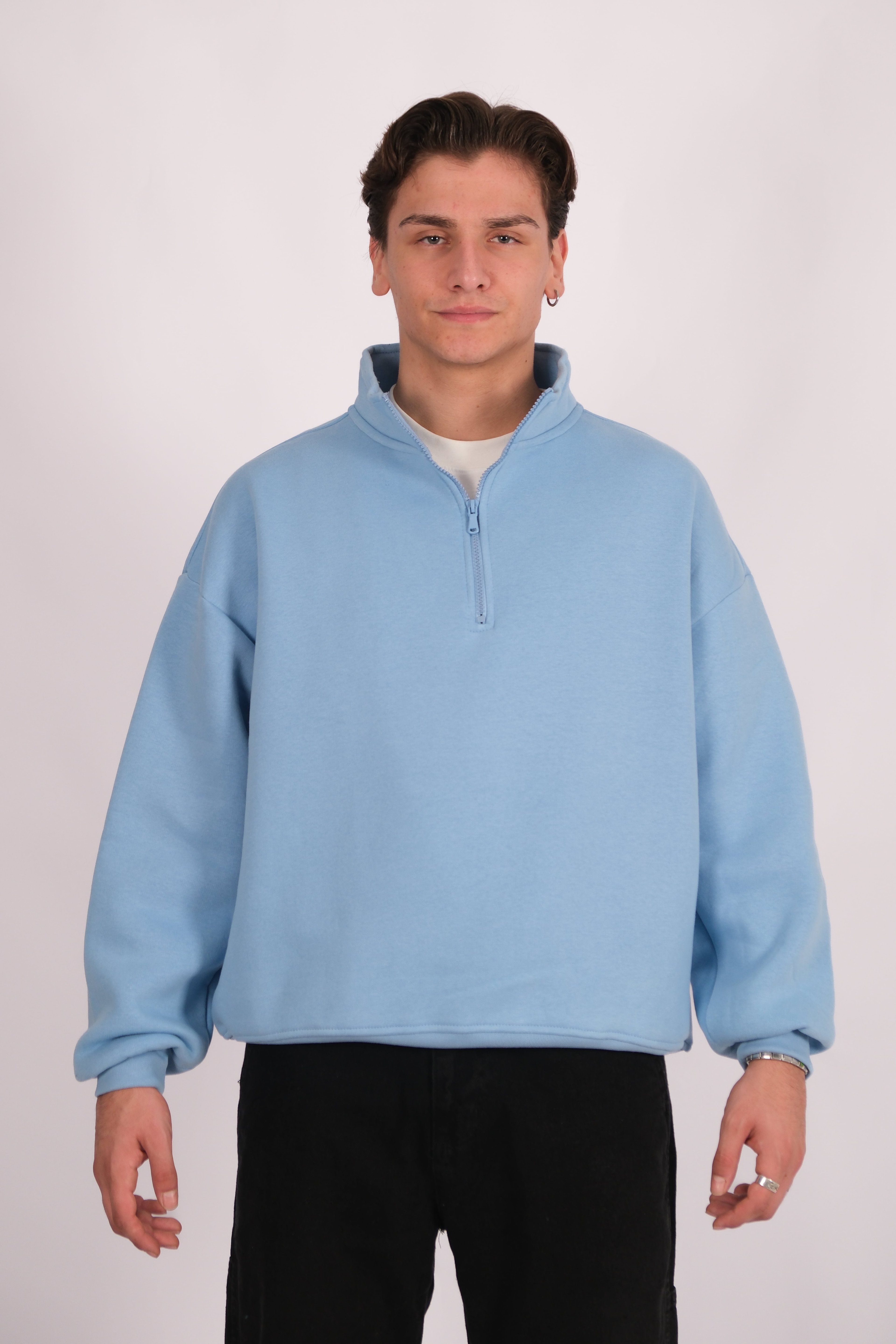 Half Zip Oversize Polo Yaka Sweatshirt - Bebek Mavisi