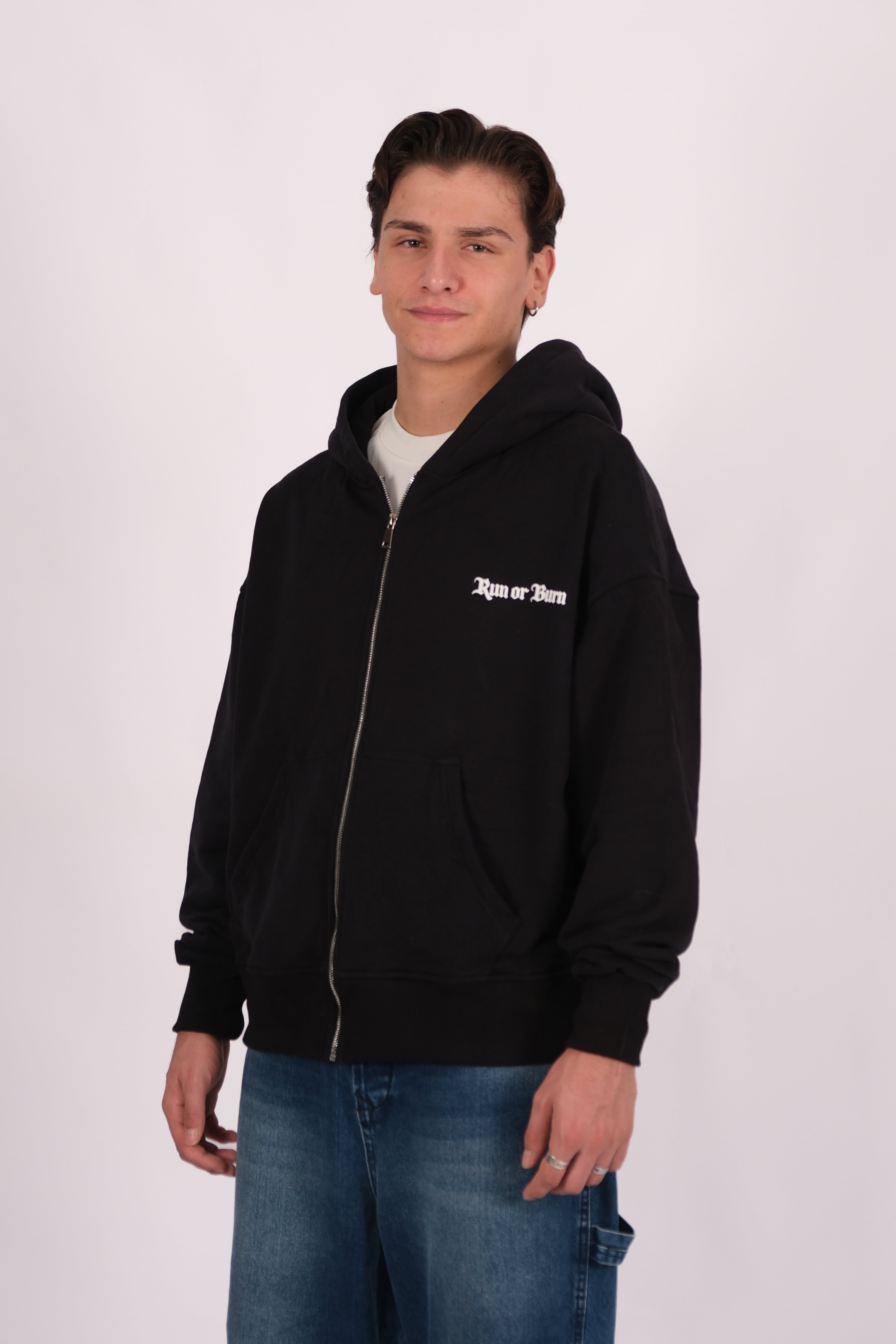 Run or Burn Oversize Premium Zip Hoodie - Siyah