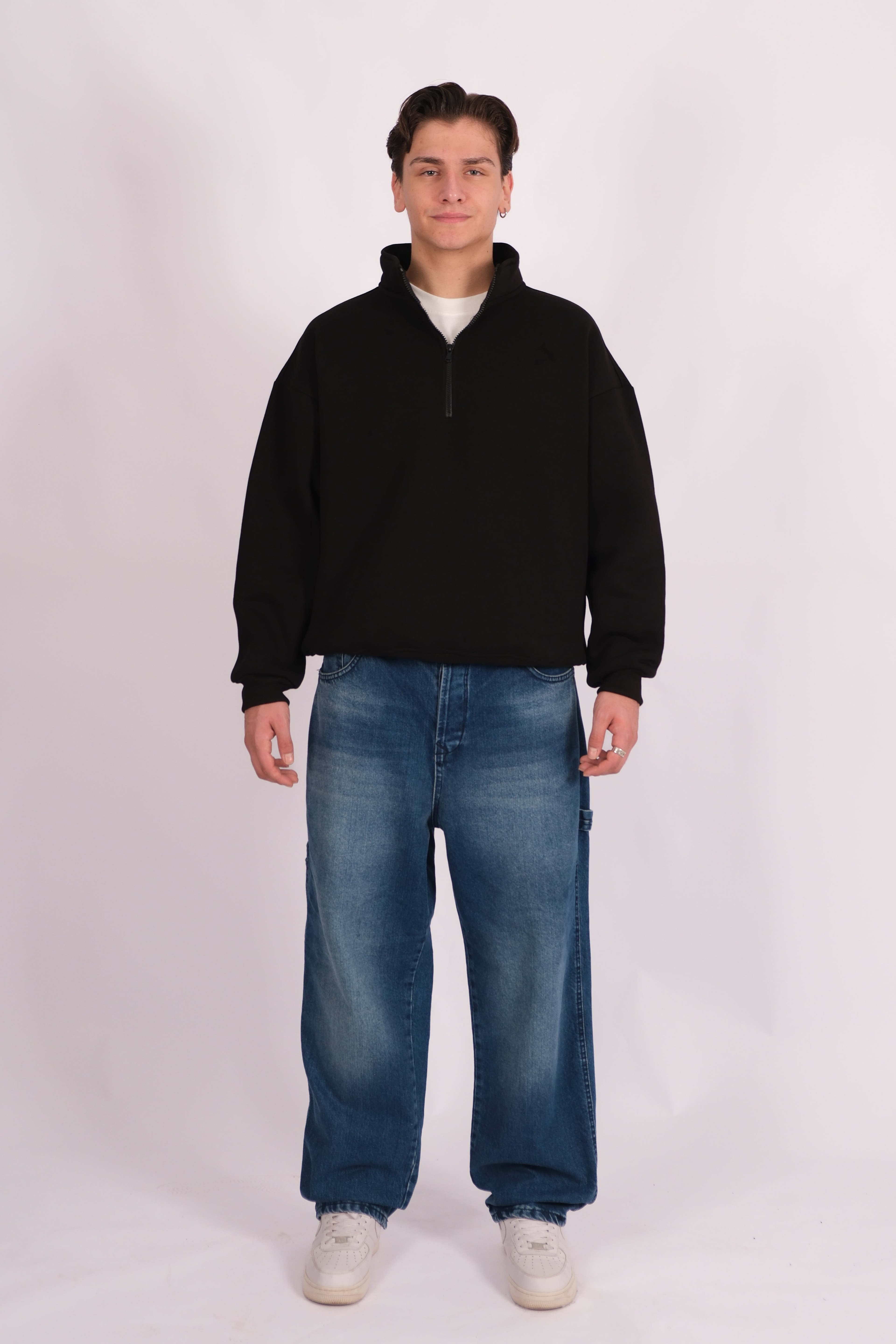 Half Zip Oversize Polo Yaka Sweatshirt - Siyah