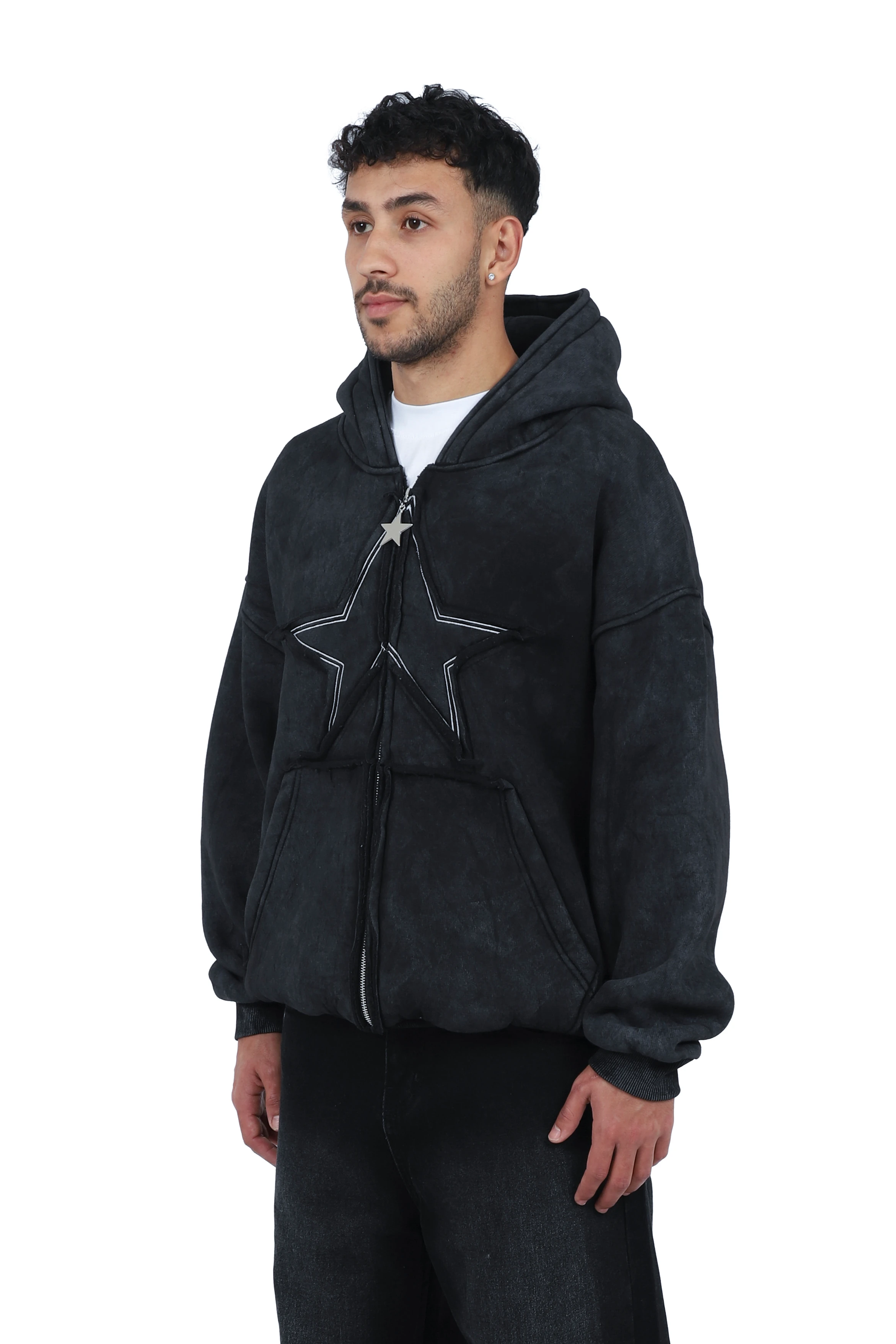Premium Acid  Star Washed Nakışlı Boxy Full-Zip