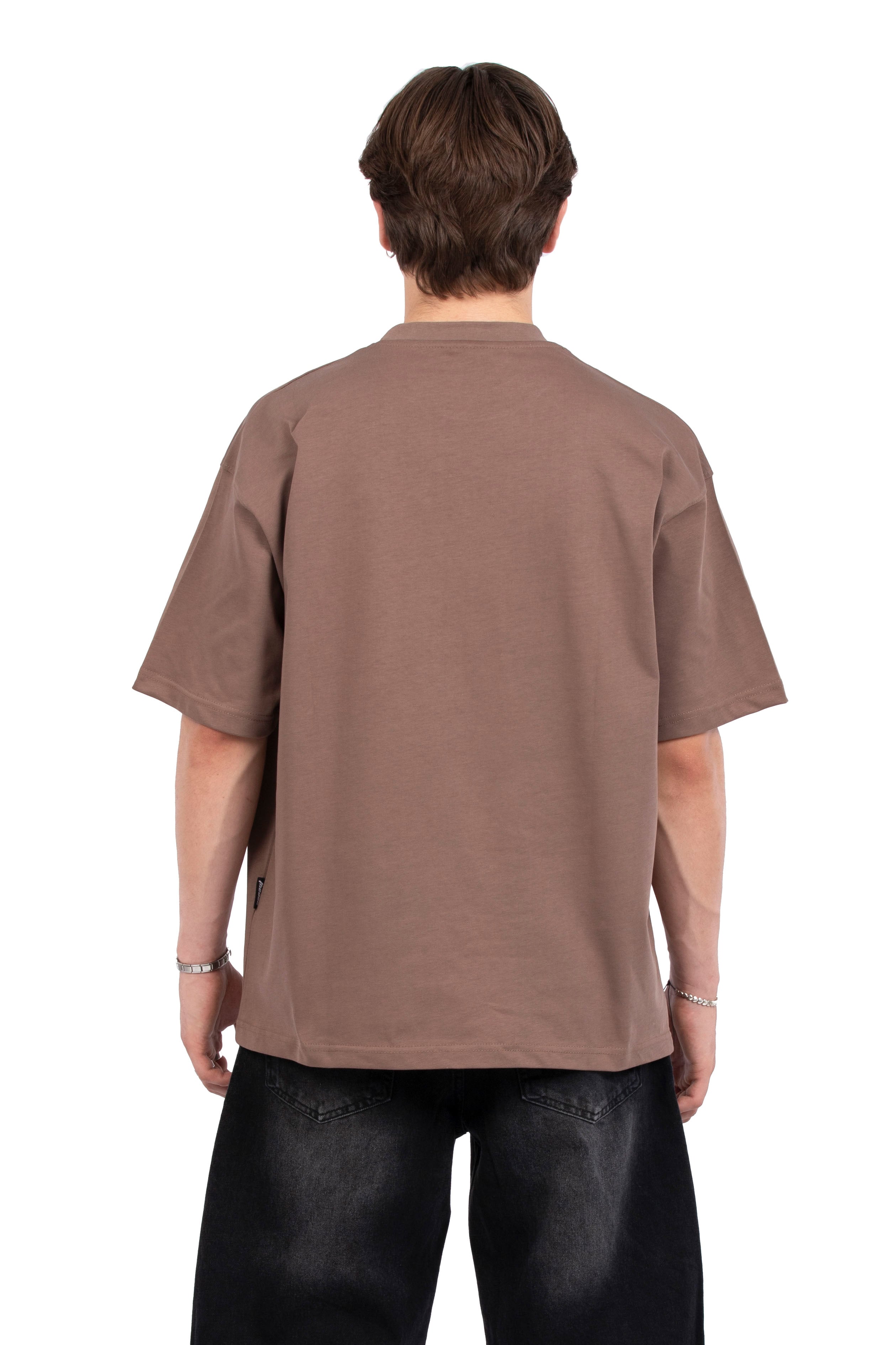 ThreeMan Nakış Detaylı Oversize Tişört - Kahverengi