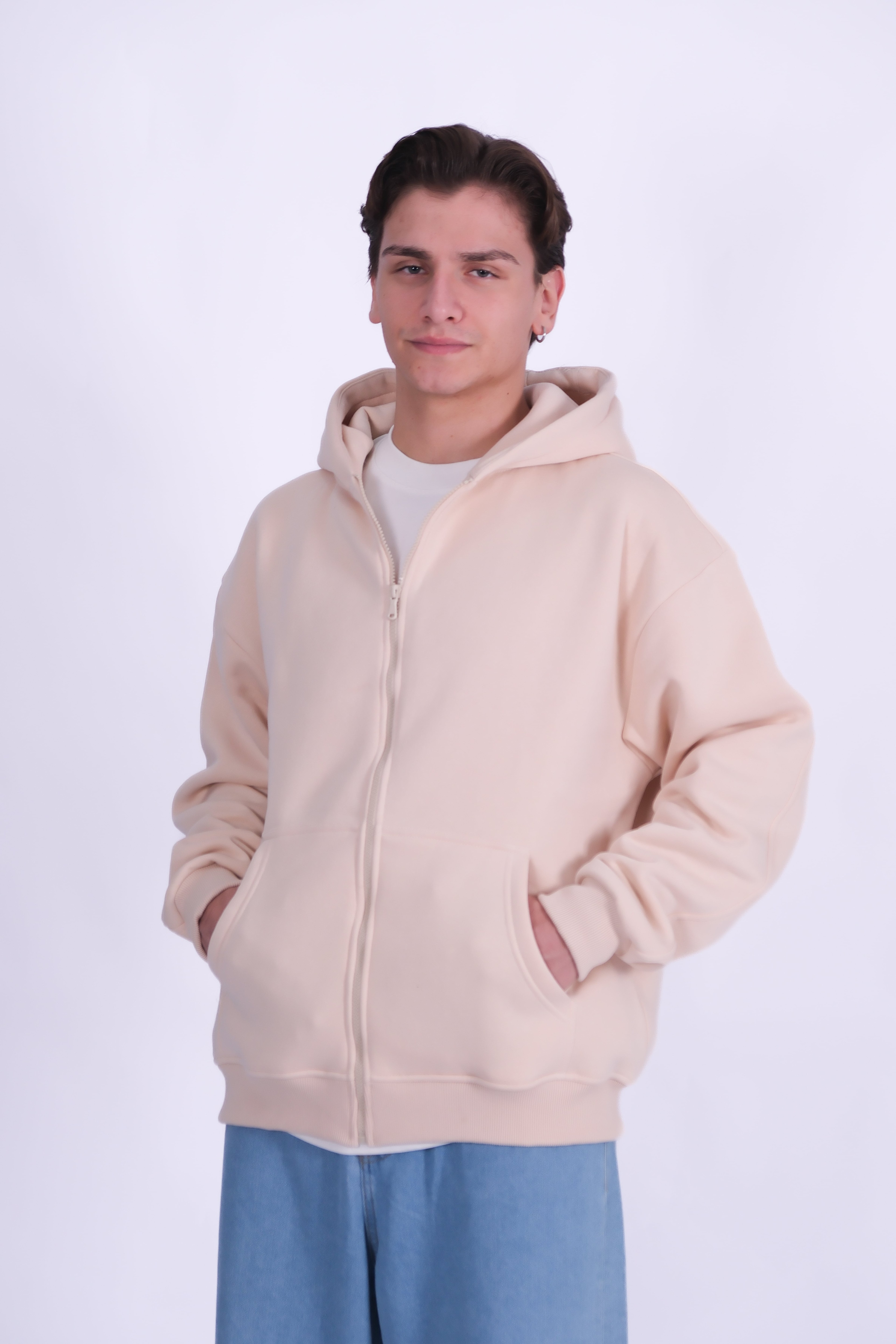 Basic Zip Hoodie - Bej