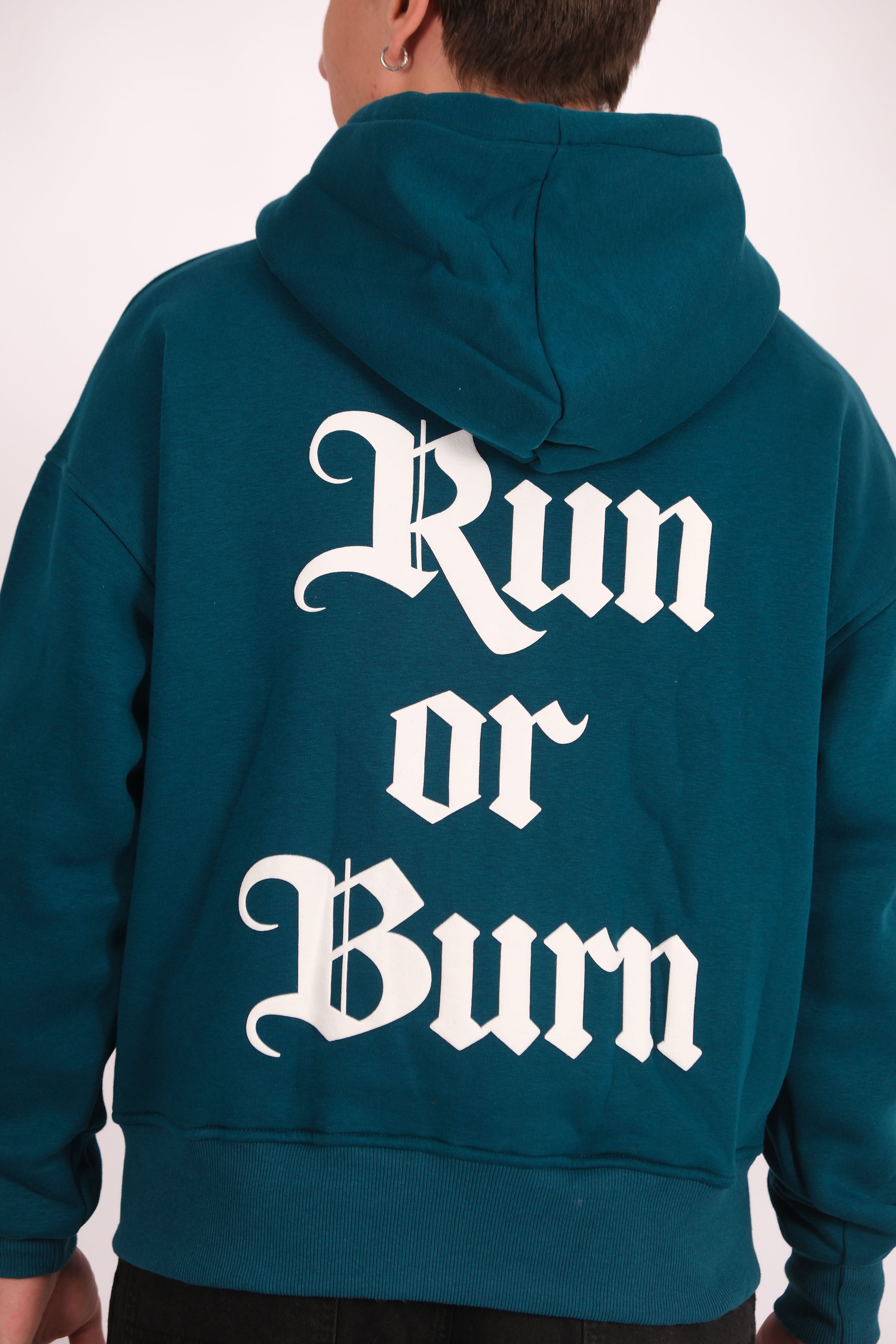 Run or Burn Oversize Premium Zip Hoodie - Petrol Yeşili