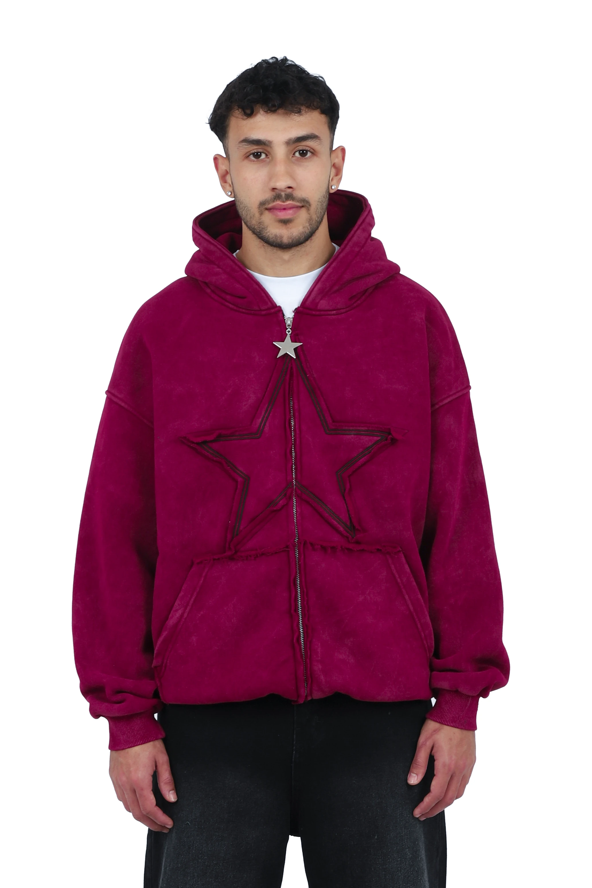 Premium Acid  Star Washed Nakışlı Boxy Full-Zip - Bordo